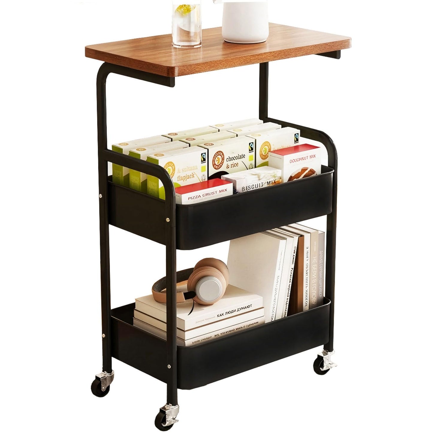 3 Tier Metal Rolling Utility Cart Functional Storage Trolley with Wooden Tabletop Mesh Baskets Wheels Organizer for Office Living Room Kitchen Bathroom Garage Tray Side Stand End Sofa Table (Black)