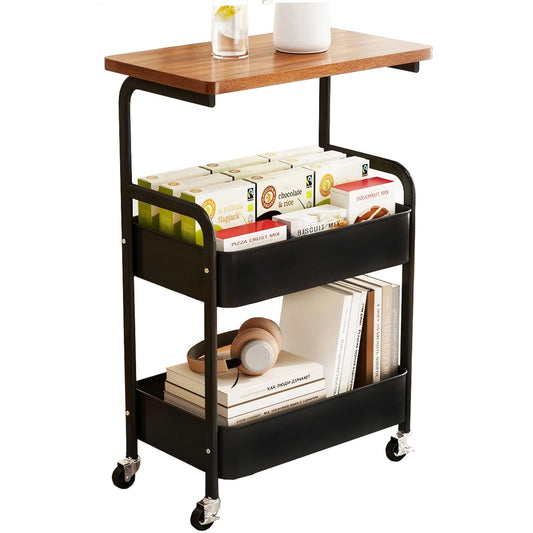 3 Tier Metal Rolling Utility Cart Functional Storage Trolley with Wooden Tabletop Mesh Baskets Wheels Organizer for Office Living Room Kitchen Bathroom Garage Tray Side Stand End Sofa Table (Black)