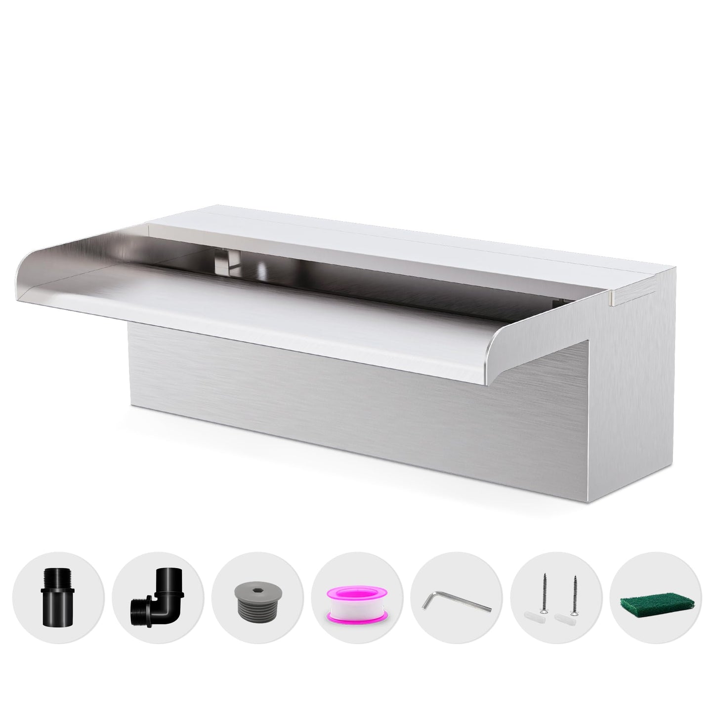 Waterfall Pool Fountain LONGRUNNEW 304 Stainless Steel 11.8" Rectangular Waterfall Spillway, Water Fall Fountain with Pipe Connector for Garden Outdoor, Swimming Pools, Fountains, Pond and Spa