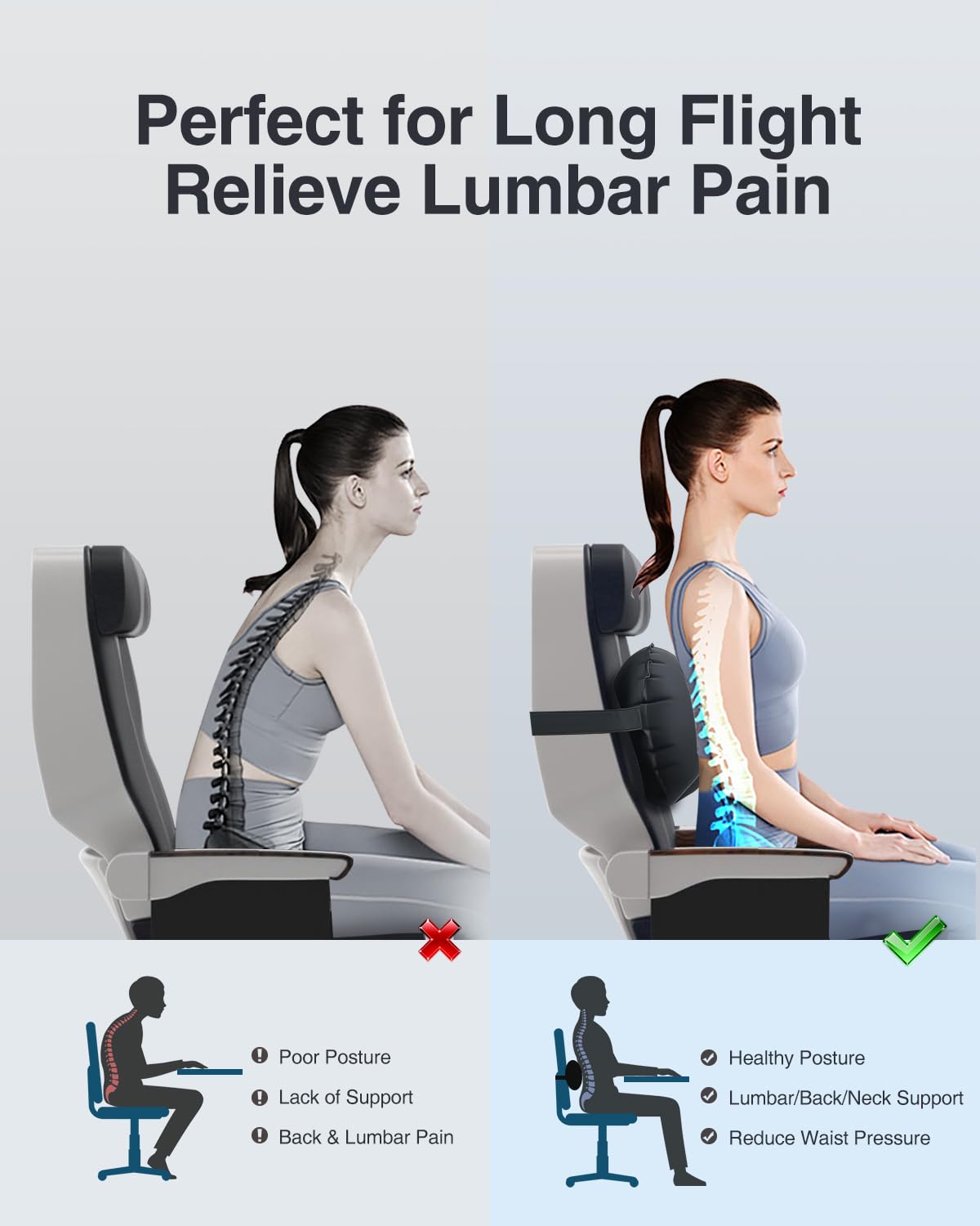 Luxtude Inflatable Lumbar Pillow for Airplane Travel, Lumbar Support Pillow for Office Chair/Car, Self-Inflating Travel Lumbar Pillow Back Support, Lower Back Pillow Reducing Lumbar Pain