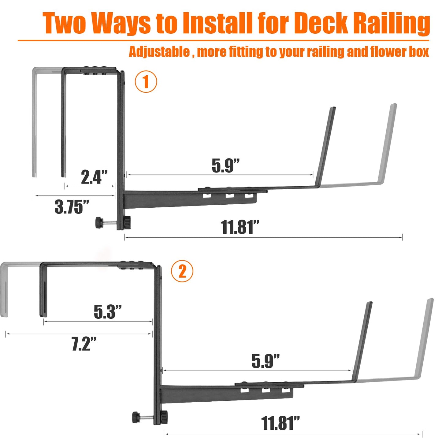 ZUIWAN 4 Pcs Adjustable Railing Planter Boxes Brackets,Heavy Duty Iron Window Box Planters Holder Outdoor for Railings,Windowsill,Patio,Deck,Garden,Balcony,Fence,Wall,Porch,Black