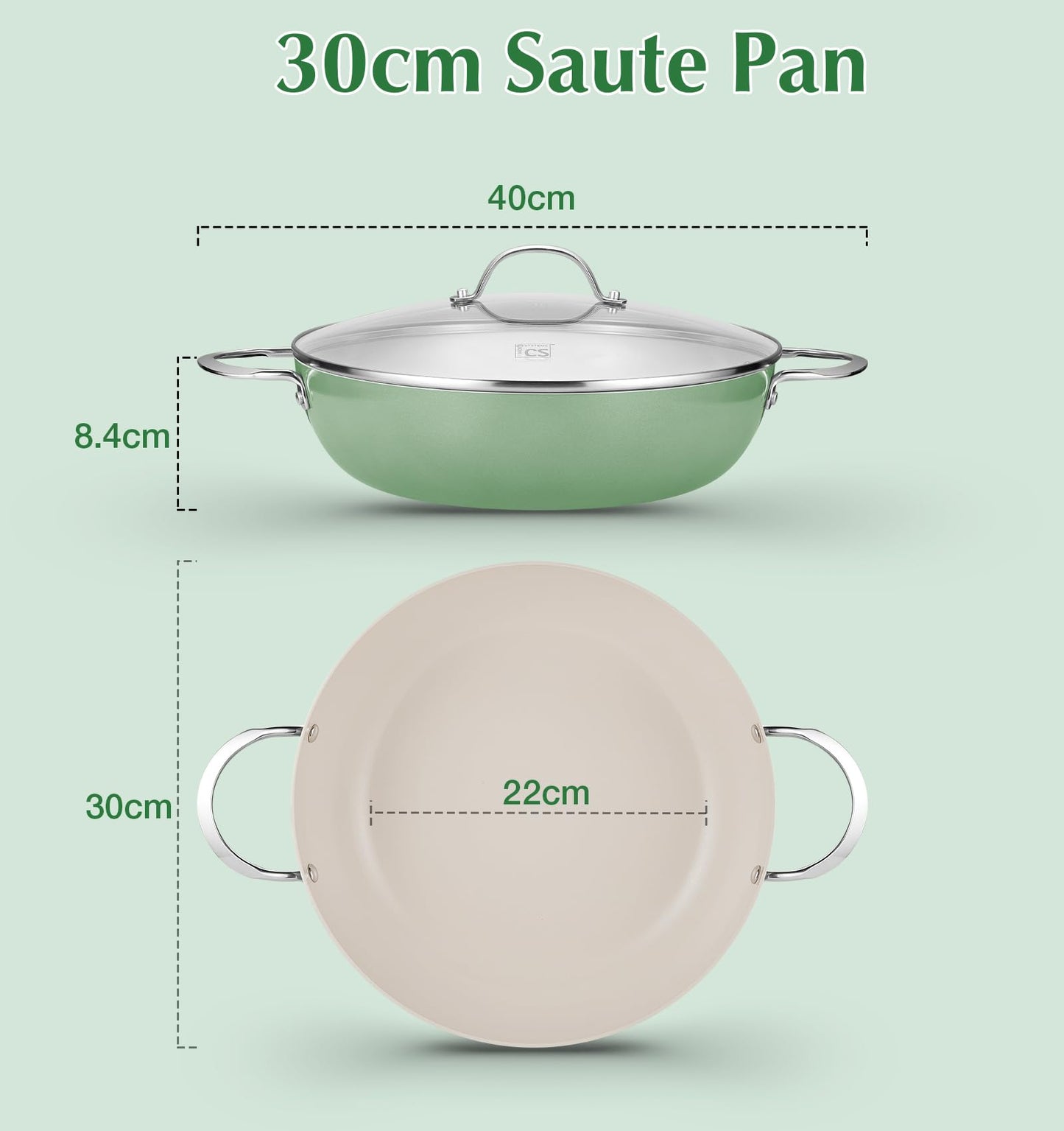 KOCH SYSTEME CS 12 Inch Nonstick Deep Frying Pan, Ceramic Saute Pan with Lid, Healthy Large Skillet, Cookware for All Stove, Induction Compatible, PFOA/PFAS/PTFE Free, Green