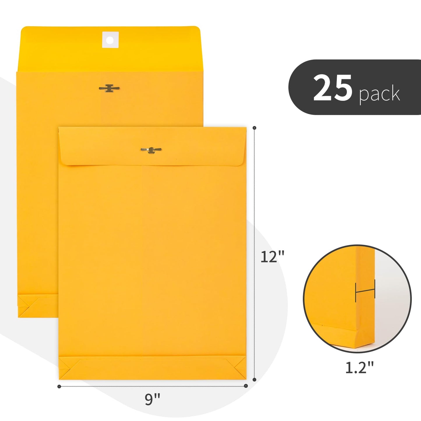 Expandable Manilla Envelopes 9 x 12 with Reusable Clasp and Gummed Seal 25 Pack, GIGYES 180 GSM Large Capacity Manilla Folders 8.5 x 11 Envelopes Mailing, for Home School Office Filing and Storing