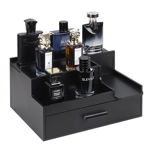 Butizone Cologne Organizer for Men, 3 Tier Perfume Stand Holder with Drawer and Hidden Compartment, Cologne Display Shelf for Dresser, Great Gift for Man/Father, Black