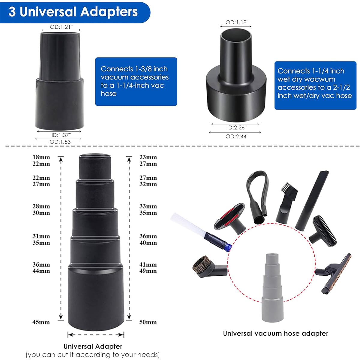 15 Pcs Universal Vacuum Attachments & Brushes for Shop Vac Accessories - 2 1/2" to 1 1/4" Hose Adapter, 1 7/8" to 1" Vacuum Hose Adapter, 1 1/4" for Shop Vac Cleaner Attachments
