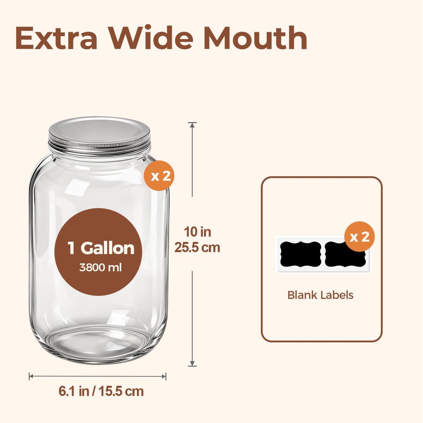 ComSaf 1 Gallon Mason Jars 2 Pcs, 128 oz Glass Jars with Lids, Flour Sugar Storage Containers, Large Glass Containers for Pickles, Fermented Food, Sourdough Starter, Food Storage, Homemade Drinks