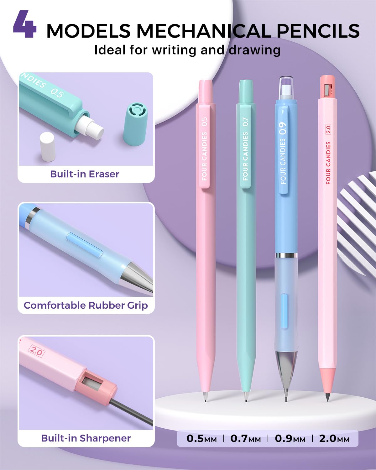 Four Candies 36PCS Aesthetic School Supplies with Pencil Case, Mechanical Pencils 0.5mm, 0.7mm, 0.9mm & 2.0mm with 624PCS Lead Refills, Cute Mechanical Pencils for Writing, Drawing & Drafting (Pink)