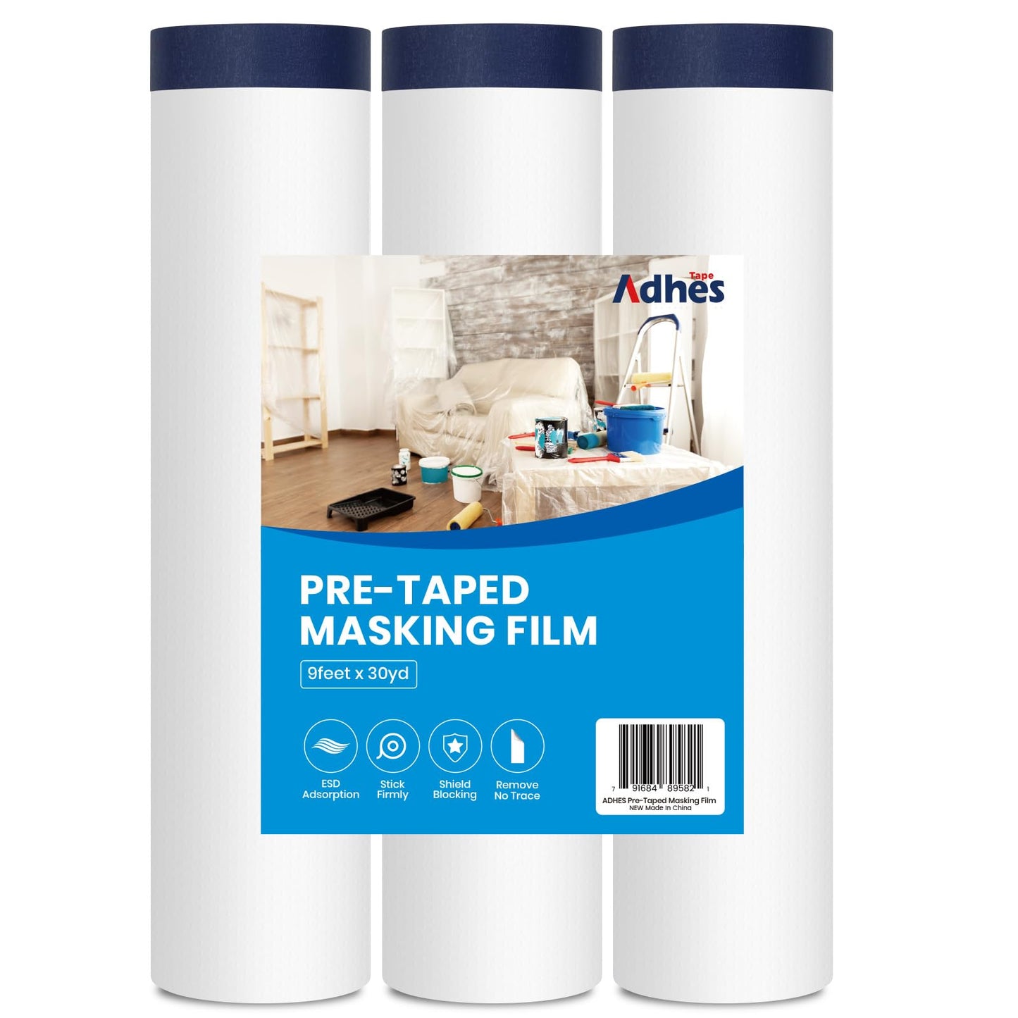 ADHES Tape Pursuit of Perfection Painters Tape with Plastic, 108" x 90 ft x 3 Rolls, Pre-Taped Masking Film for Painting & Decorating