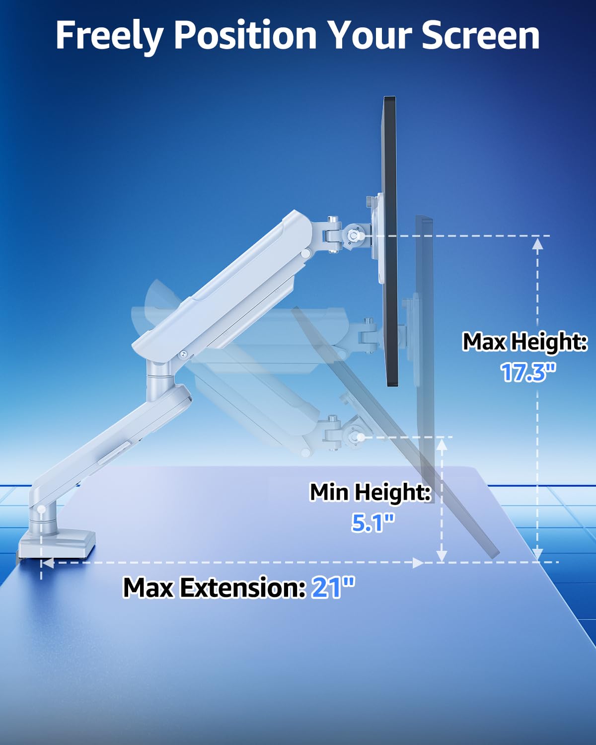 Single Monitor Mount for 13-32 inch Screen, Gas Spring Arm, Gaming & Home Office Use, VESA 75x75mm & 100x100mm, Freelift Pro White