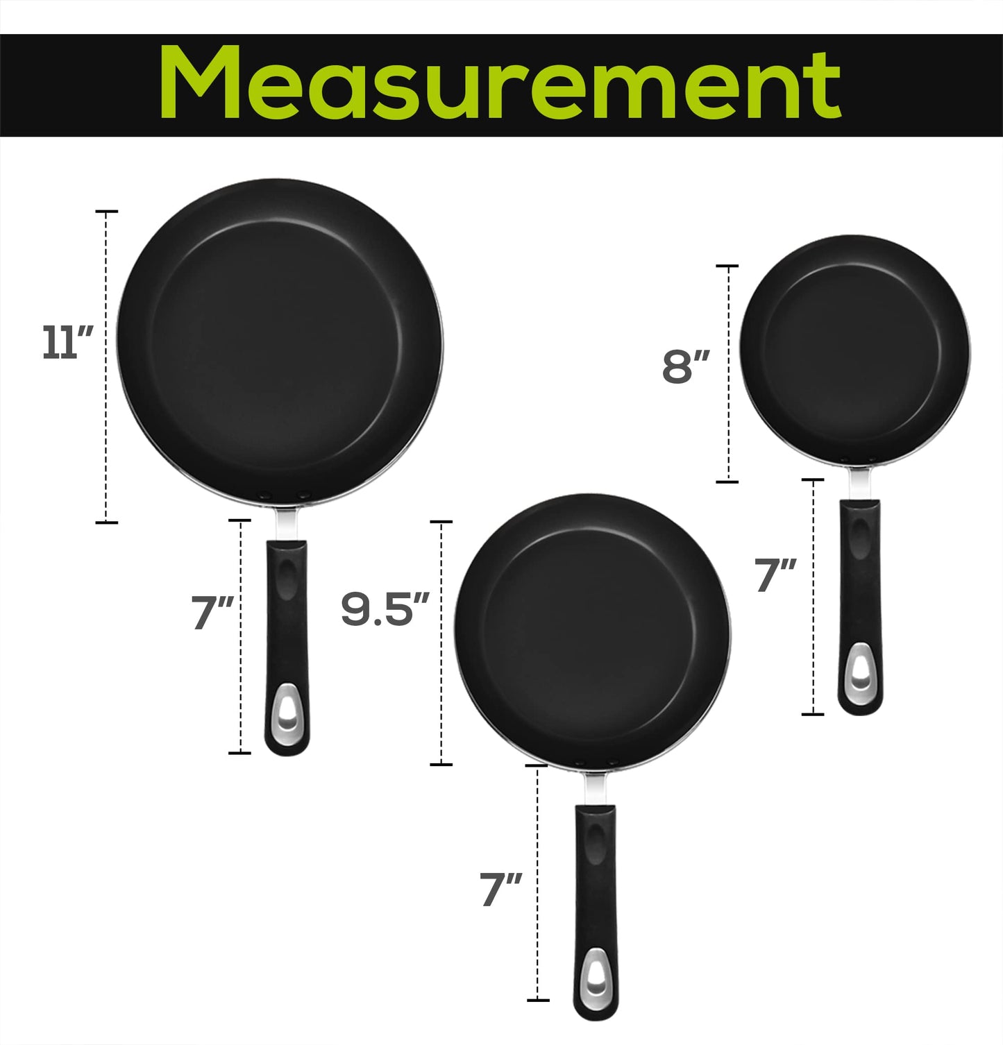 KICHLY Nonstick Frying Pan Set, 3 Piece Induction Bottom Chef's Pan, 8 Inches, 9.5 Inches and 11 Inches Cookware Set, Black