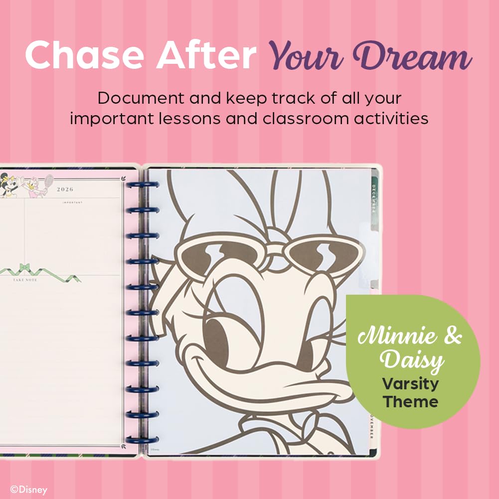 Happy Planner Disney Disc-Bound 12-Month Academic Planner, July 2026–June 2027, 12 Dividers, Big Size, Teacher Layout, Minnie & Daisy Varsity Theme, 8.5” x 11”