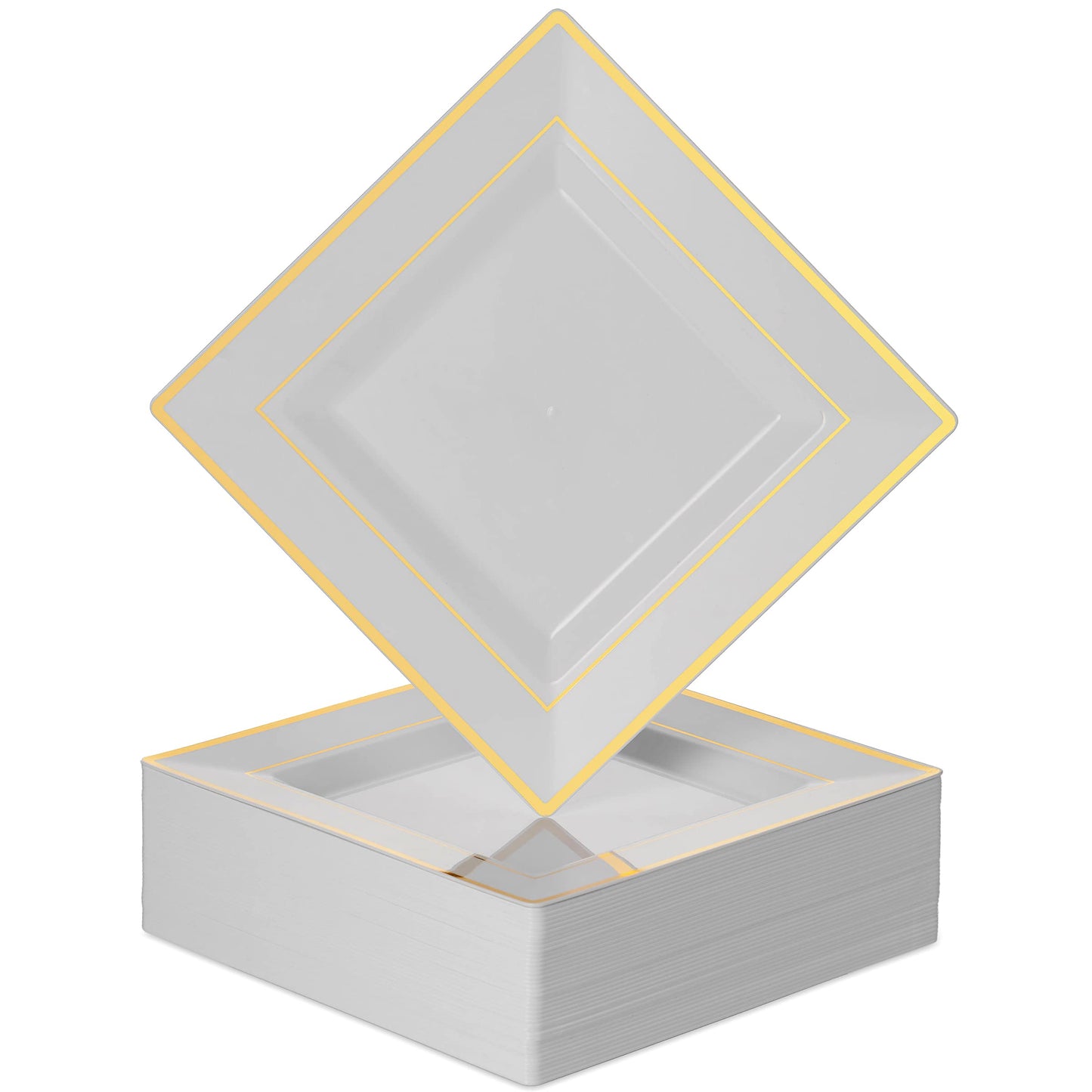 BloominGoods Plastic Disposable Square Dinner Plates | 50-Pack 9.5 inches White with Gold Rim Square Plates | Ideal for Weddings, Parties, & Catering | Heavy Duty & Non Toxic