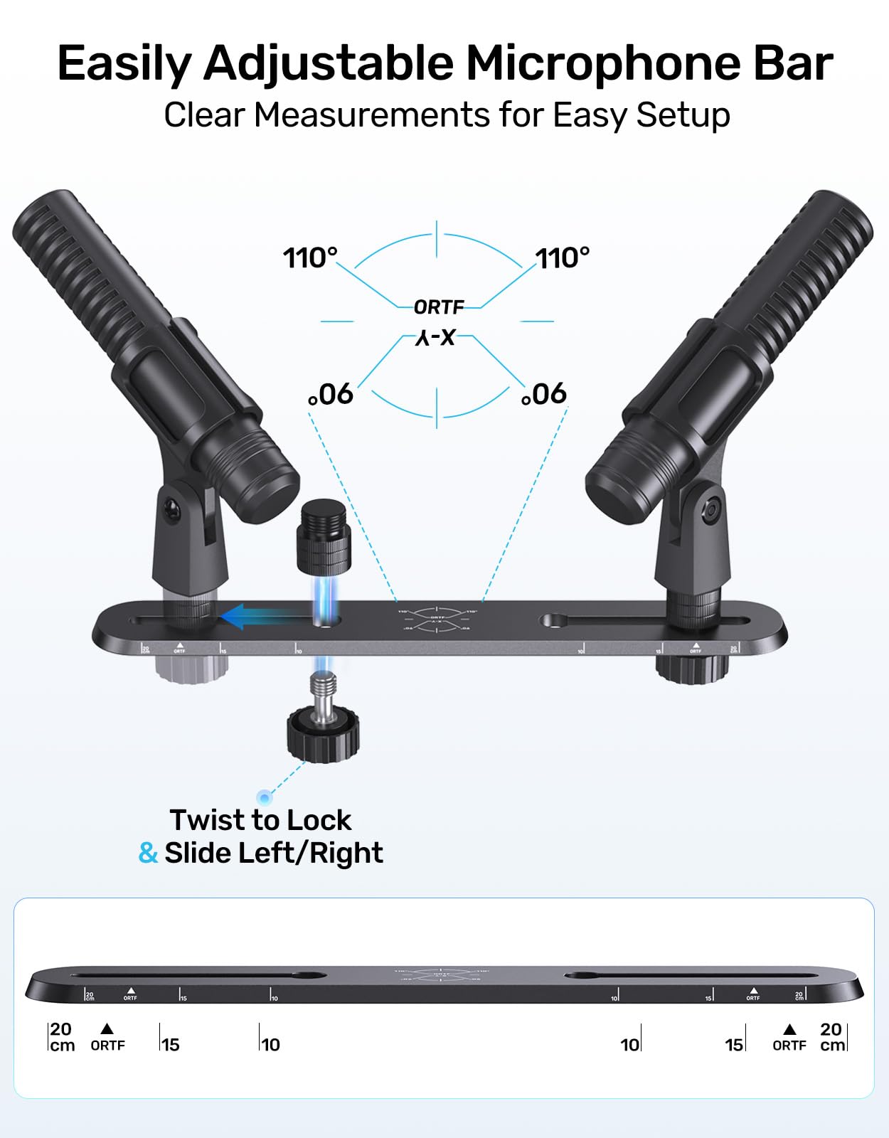 Etour Stereo Mic Bar for XY ORTF Recording, Stereo Array Spacing Dual Microphone Mount Bracket with Ruled Markings - 2 Mics Holder, Fits 3/8", 5/8" & 1/4" Thread Mic Stand with Included Adapter
