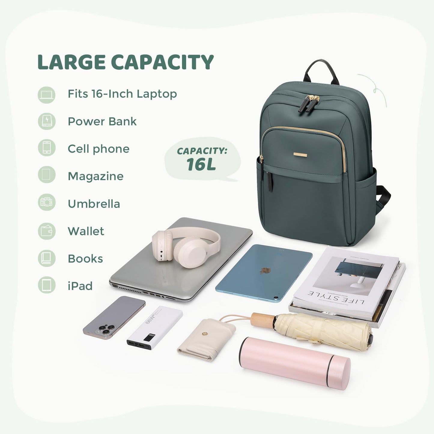 GOLF QUALITY Hiking Travel Backpack for Women Casual Business Weekender Multilayer Laptop Bag,16 Inch,DarkGreen