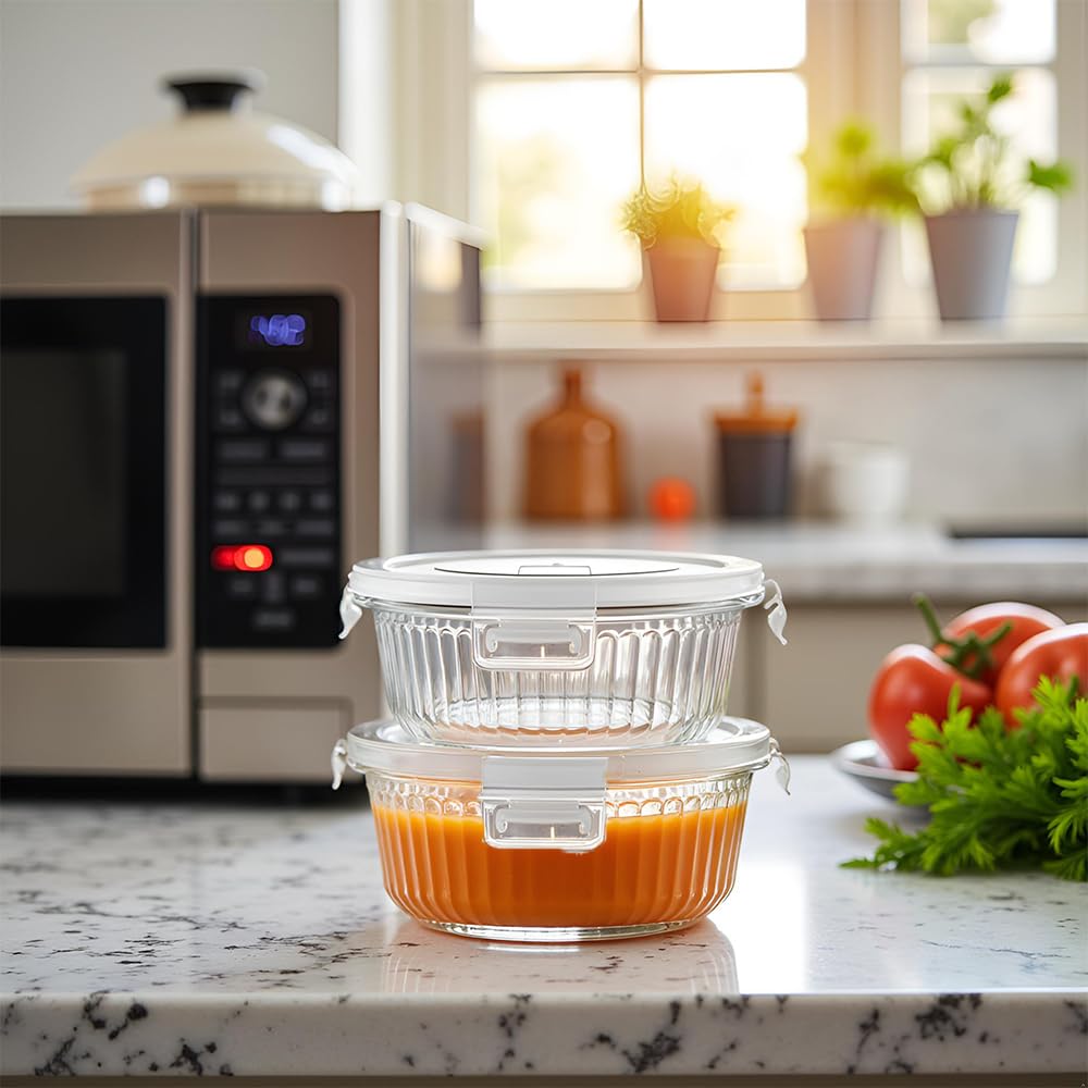 H.JSS WDJS 370ml Round Glass Food Storage Containers Airtight Lids, Small Round Glass Containers for Food Storage, Leak-proof, BPA free Meal Prep Bowls, Dishwasher, Microwave, Freezer Safe (4Pack)