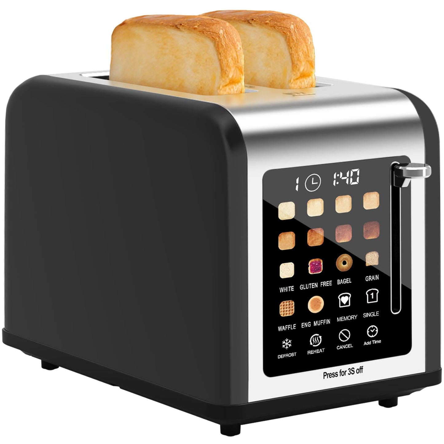2 Slice Toaster Touch Screen, Stainless Steel Toasters Digital Timer 2 Slot Toasters, 8 Shade Settings 6 Bread Types for Bagel, Cancel, Defrost (Black)