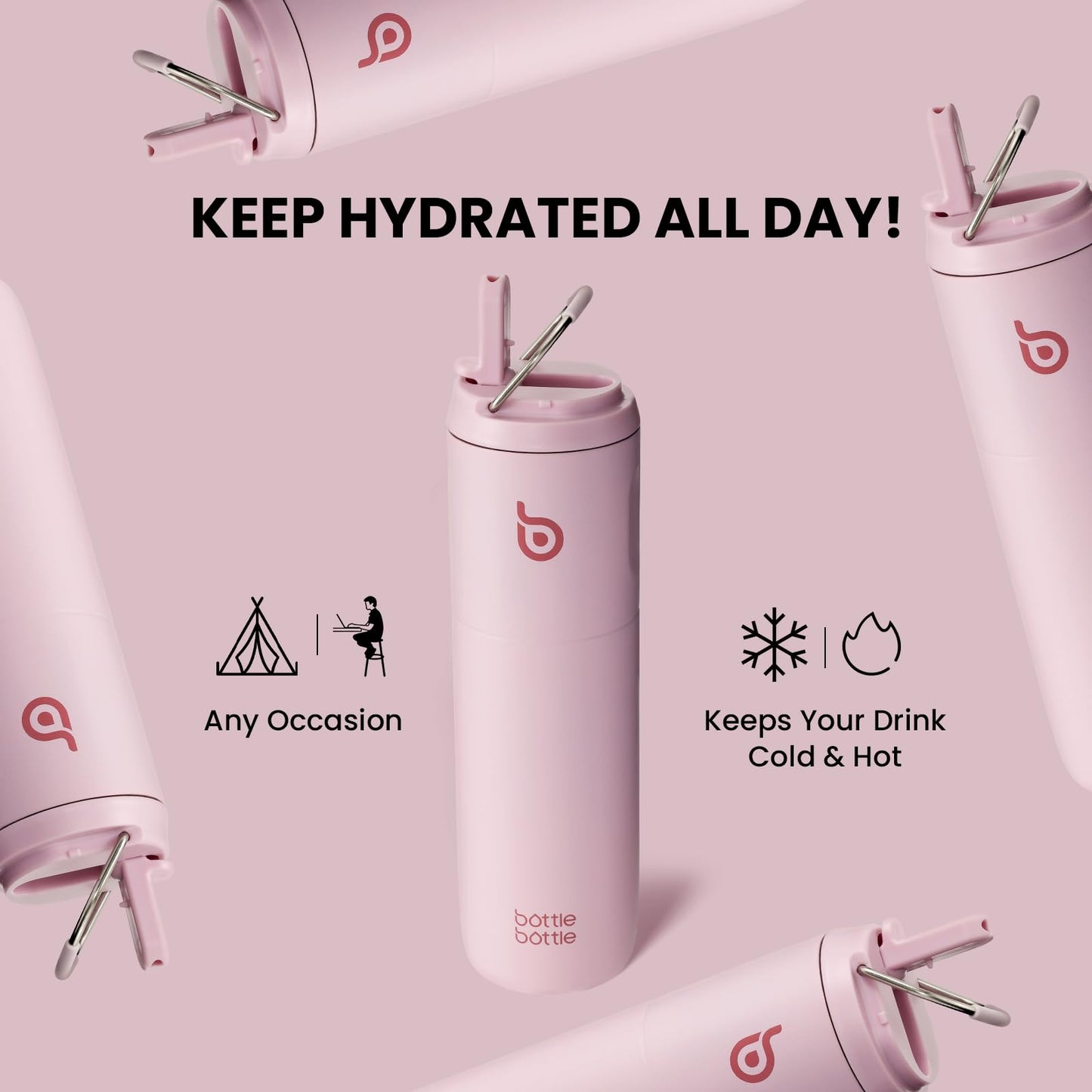 Bottle Bottle Insulated Water Bottle 24oz with Straw Lid and Handle for Sports Travel Gym Stainless Steel Water Bottles Double-Wall Vacuum Metal Bottles Leak Proof BPA-Free (Light Pink)