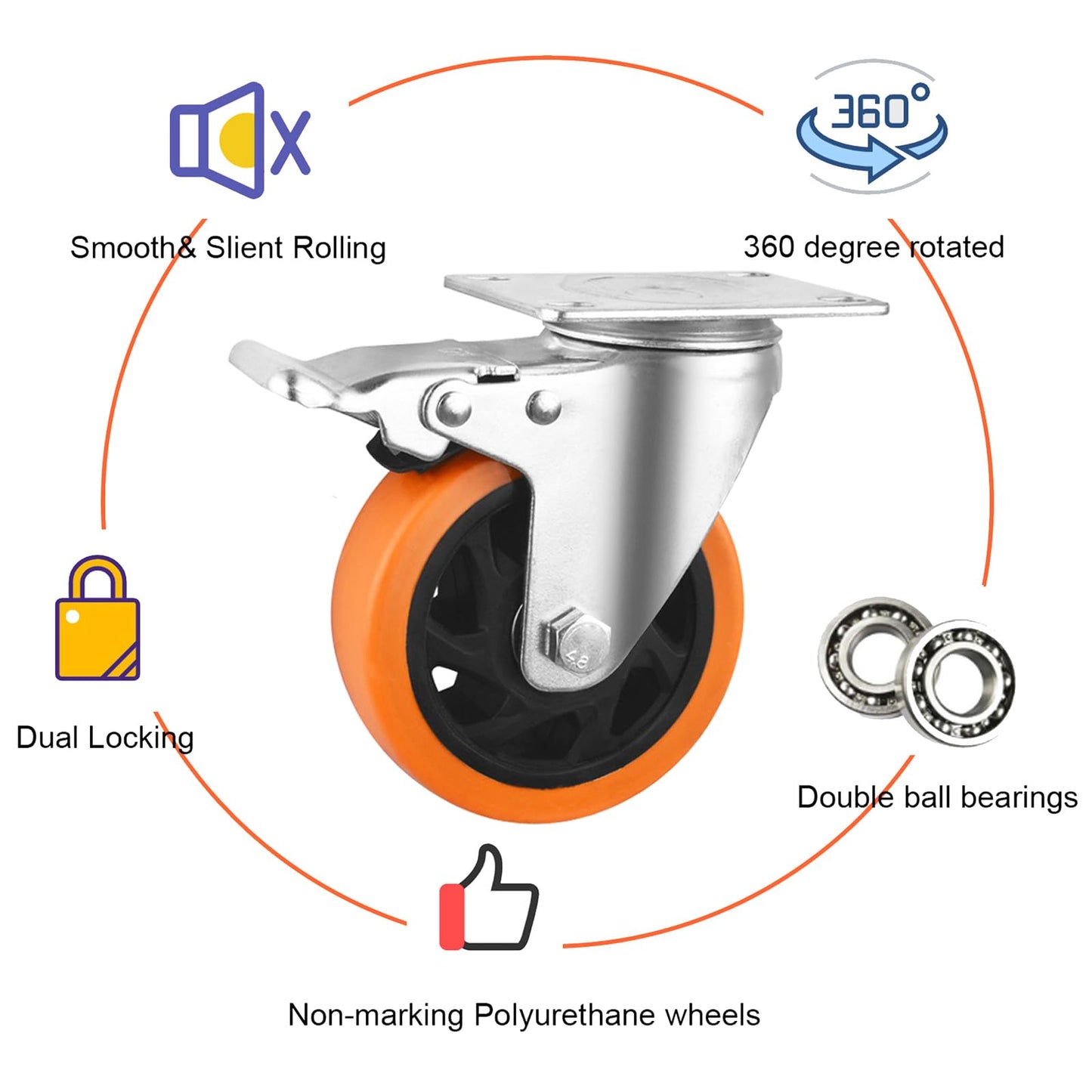 4 Inch Caster Wheels, Casters Set of 4 Heavy Duty Load 1800lb, Orange Polyurethane Swivel Casters with Brake, No Floor Marks Locking Castor Wheels for Cart Furniture Workbench (with Hardware Kits)