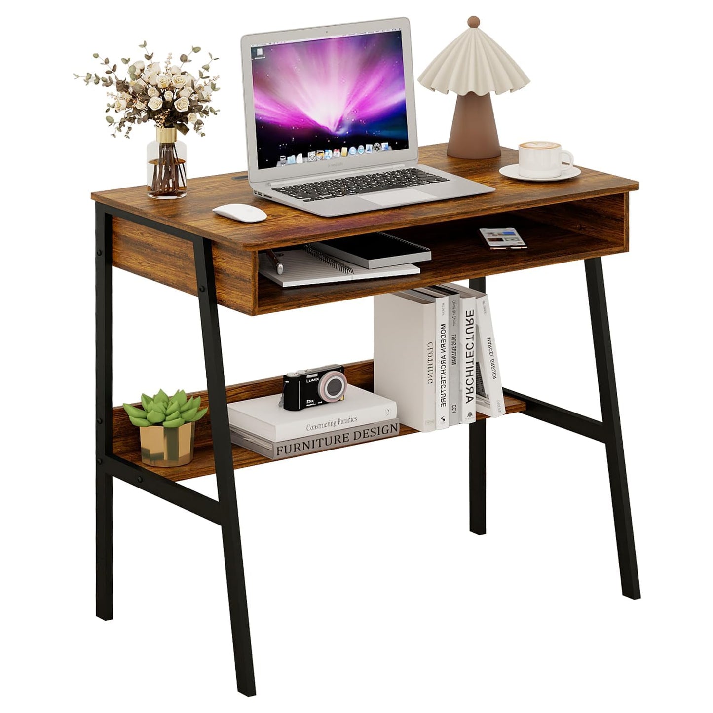 Computer Desk, Small Office Desk, Bureau Gaming Desk, 31.5 inch Study Table, Sit Stand Desk with Drawers, Bureau de Bureau de Travail, Rustic Brown Wood Desk with Black Metal Frame