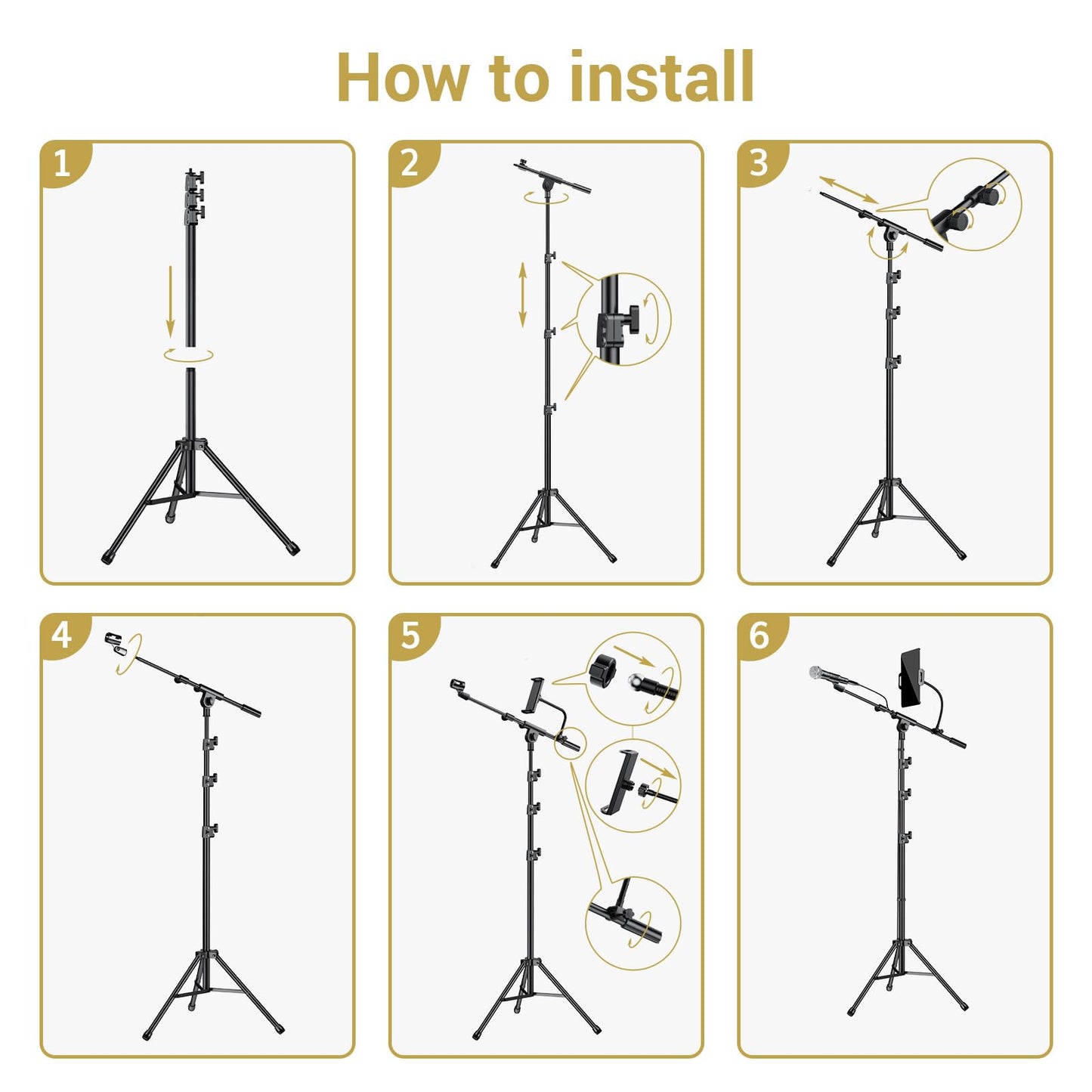 TONOR Mic Stand, Microphone Stand with Tablet Holder, Tripod Boom Arm for Floor, Adjustable Height and Angle, Heavy Duty DJ Stand with Carrying Bag, Phone and iPad Clamp