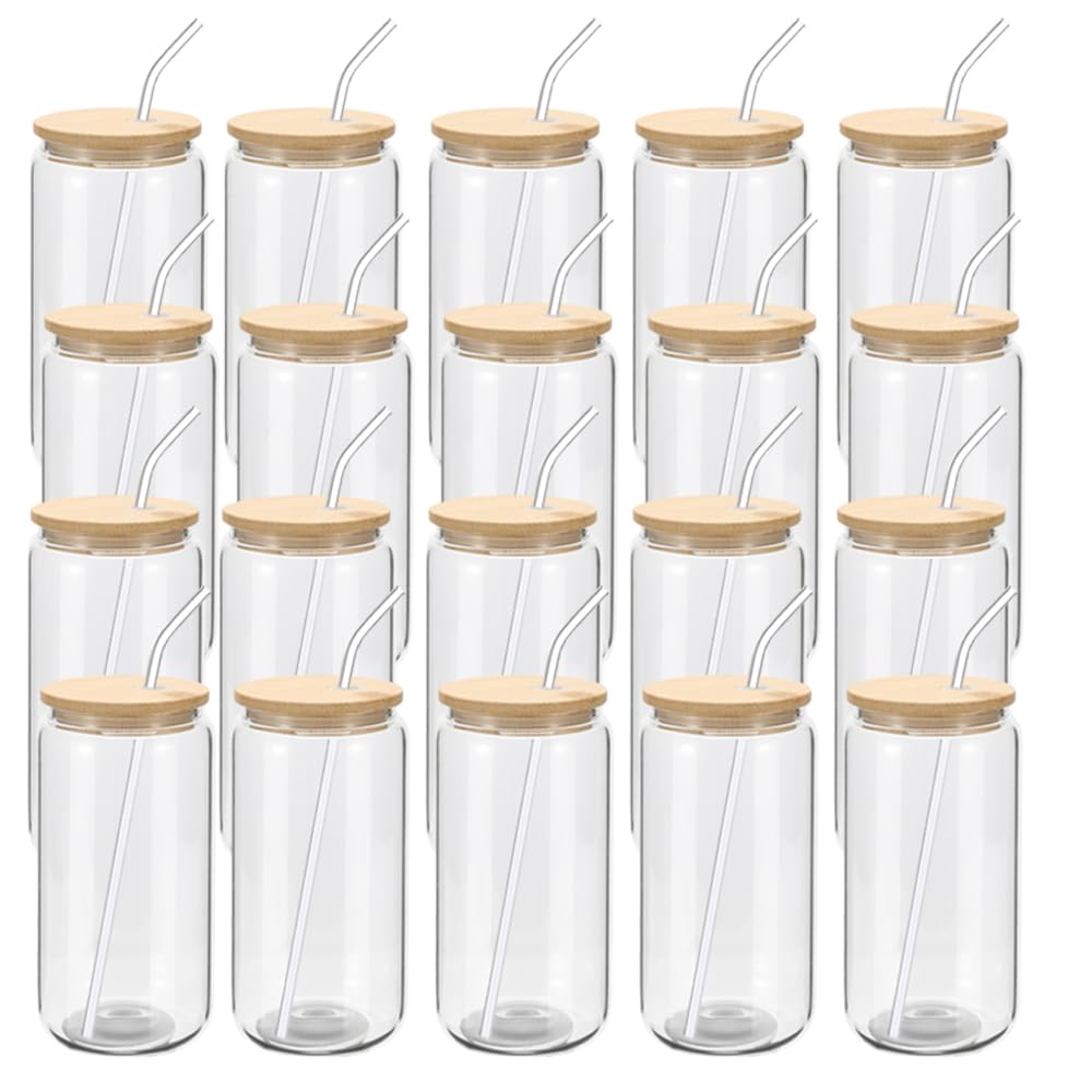 20 Pack Bamboo Lid Glasses with Straws, Can Shaped Beer Glasses, Reusable Cute Tumbler Cups for Whiskey, Iced Coffee, Tea, Soda, Cocktail, Gift, Clear 16oz