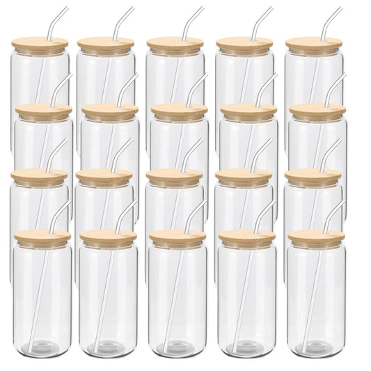 20 Pack Bamboo Lid Glasses with Straws, Can Shaped Beer Glasses, Reusable Cute Tumbler Cups for Whiskey, Iced Coffee, Tea, Soda, Cocktail, Gift, Clear 16oz