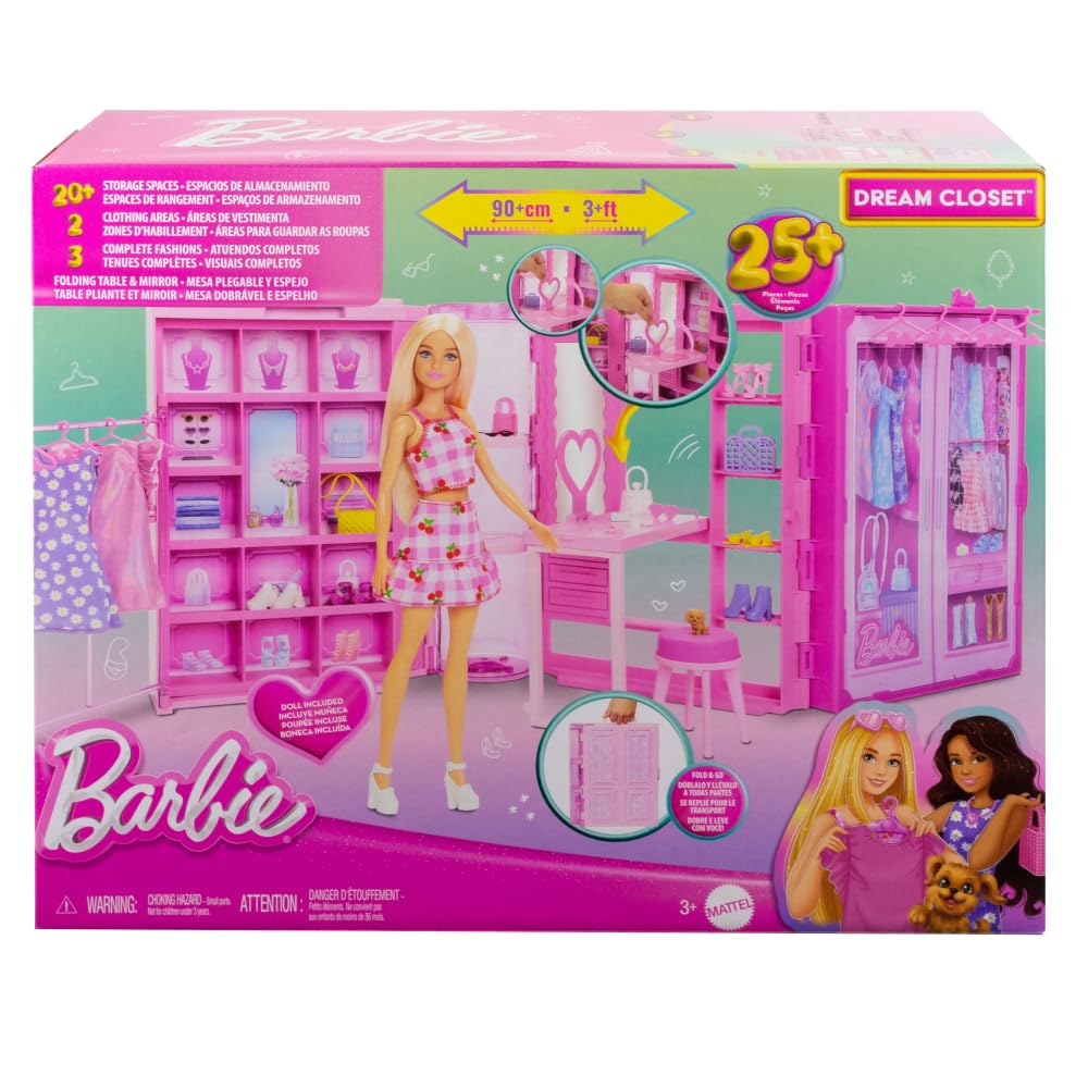 Barbie Dream Closet Toy Playset with Blonde Fashion Doll, Clothes & Accessories, 3-ft-Wide with 25+ Pieces, 3 Complete Looks