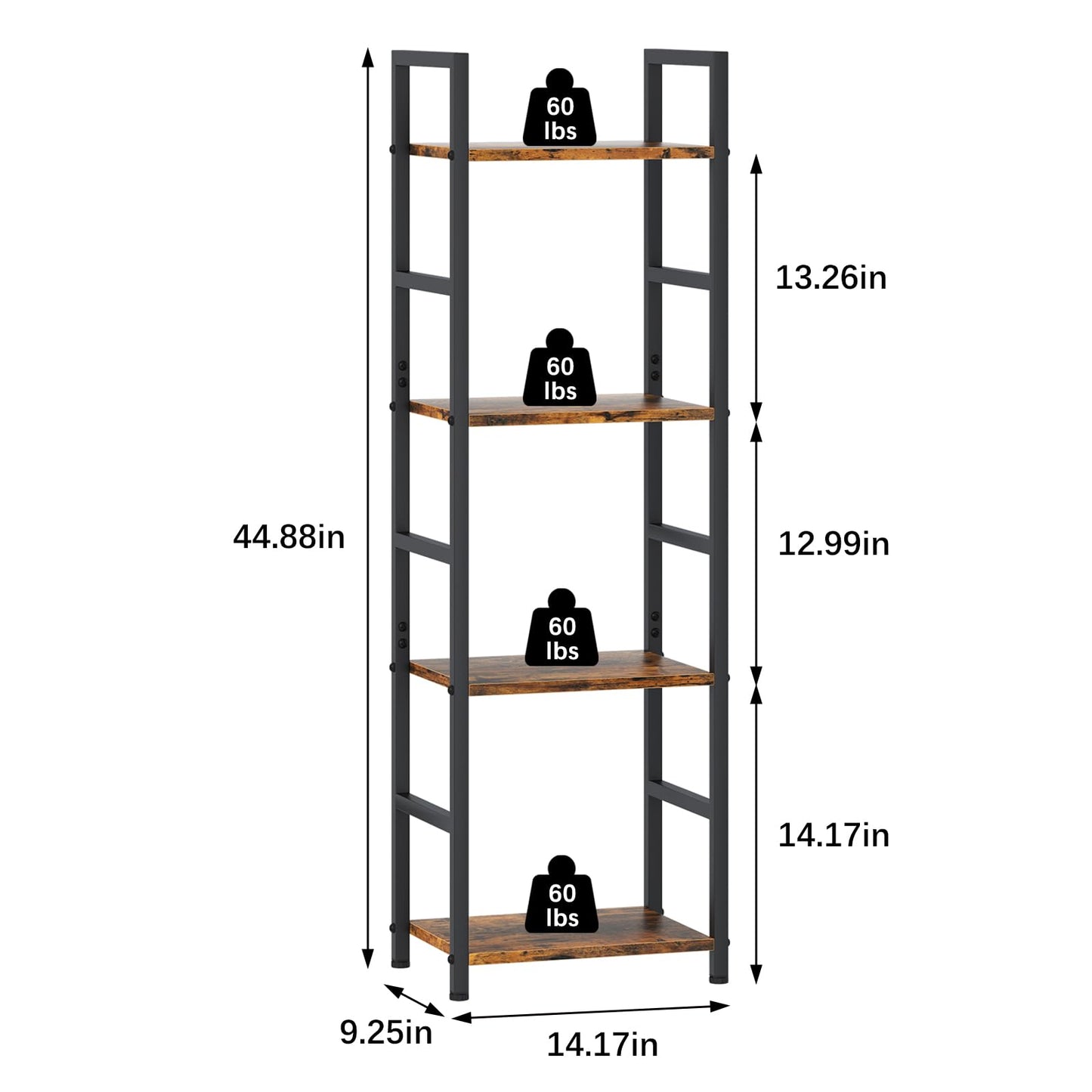 Katrawu 4 Tier Bookshelf, Small Book Shelf Industrial Bookcase, Metal Narrow Book Case Book Storage Organizer,Bookshelves for Bedroom Office Living Room(4 Tier,Rustic Brown)