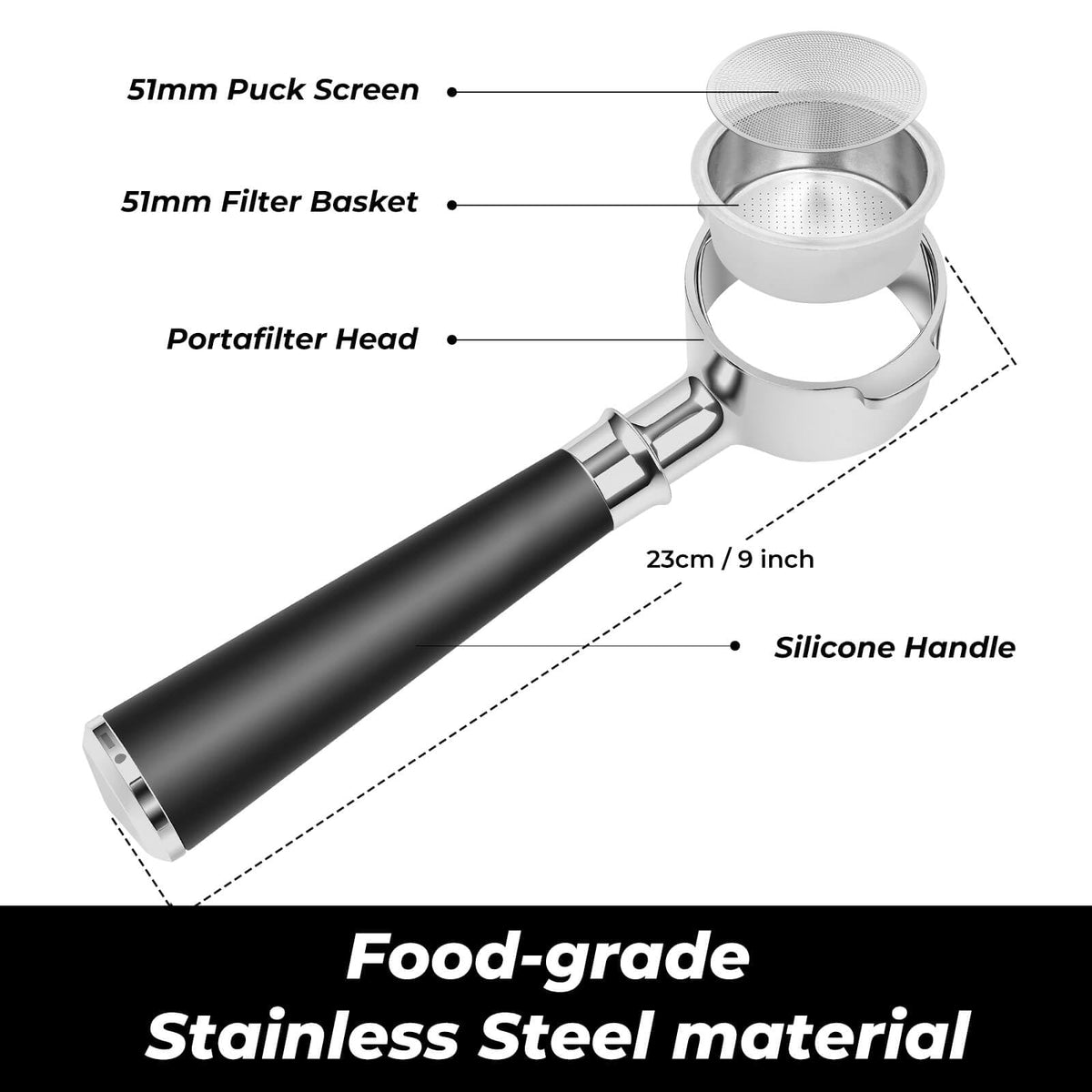 51mm Bottomless Portafilter 2 Ears Fits for Delonghi ECP3420, EC155, BCO430, EC260, and ECP3120, Includes Puck Screen, Double Shot Filter Basket
