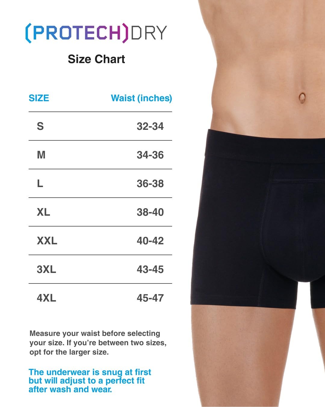 PROTECHDRY Washable & Reusable Cotton Underwear Boxer Brief with Front Absorbent Area for Urinary Incontinence, Black Large