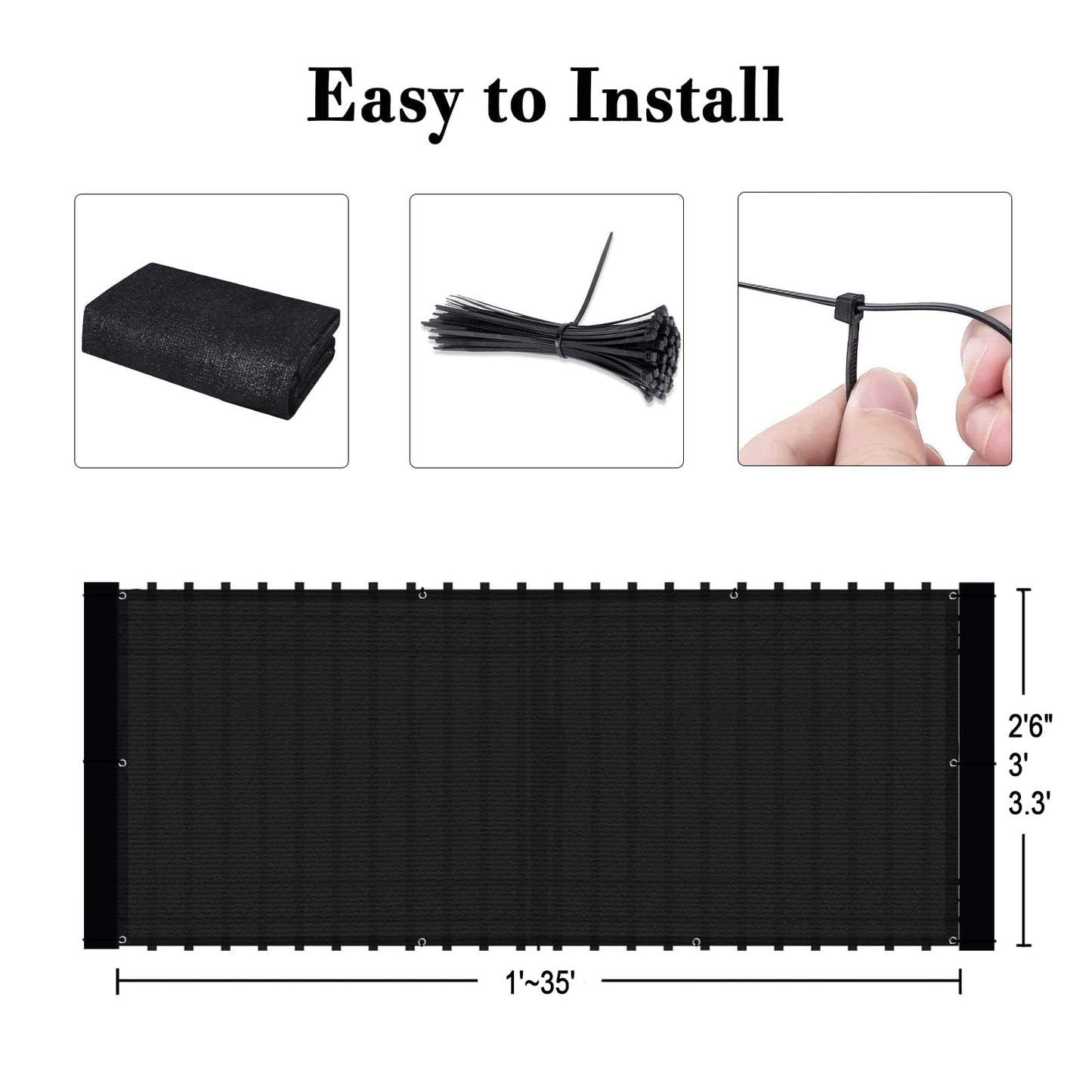 SUNLAX 3'x16' Black Balcony Privacy Screen Fence Windscreen Cover Fabric Shade Mesh Cloth with Grommets UV Protection for Patio, Backyard, Porch, Railing Shield 90%