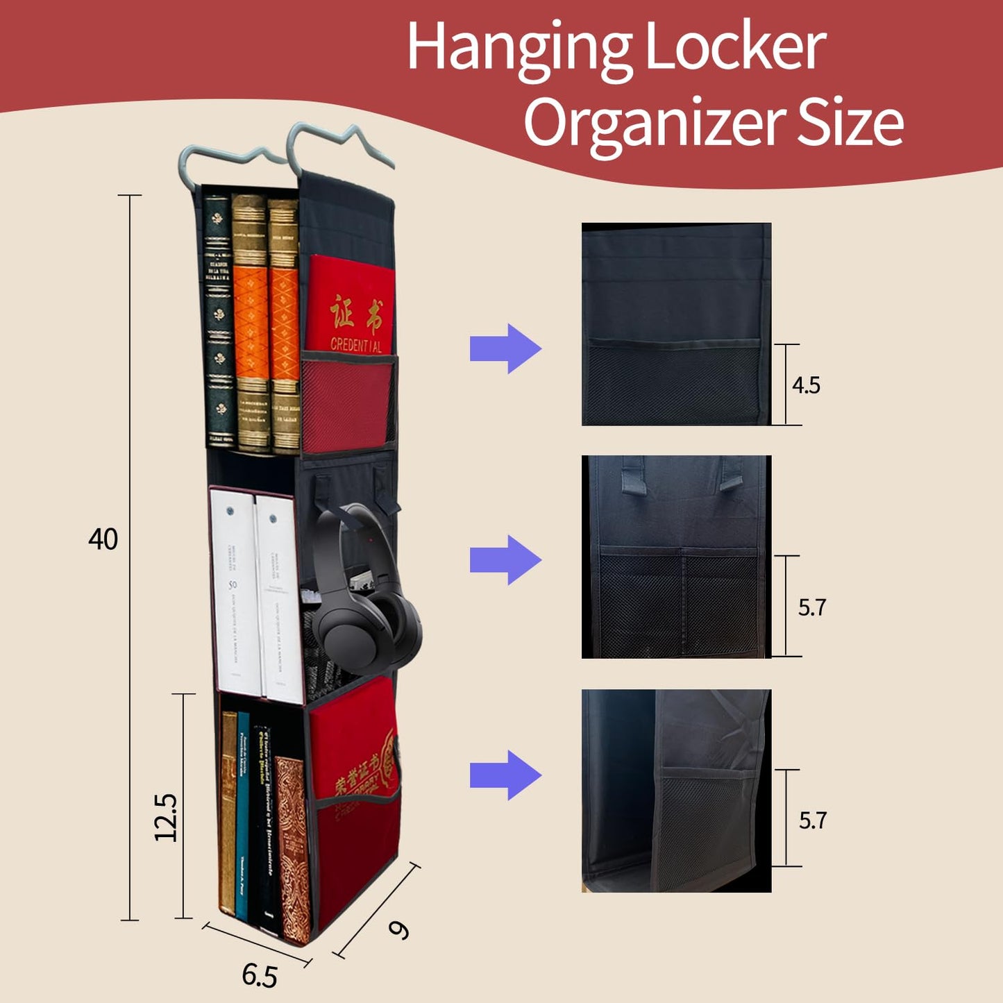 CATECASE Hanging Locker Organizer - 3 Shelf Adjustable Storage Solution for School, Work, Gym, and Closet - Easy to Install and Efficiently Organize Your Locker (Black)