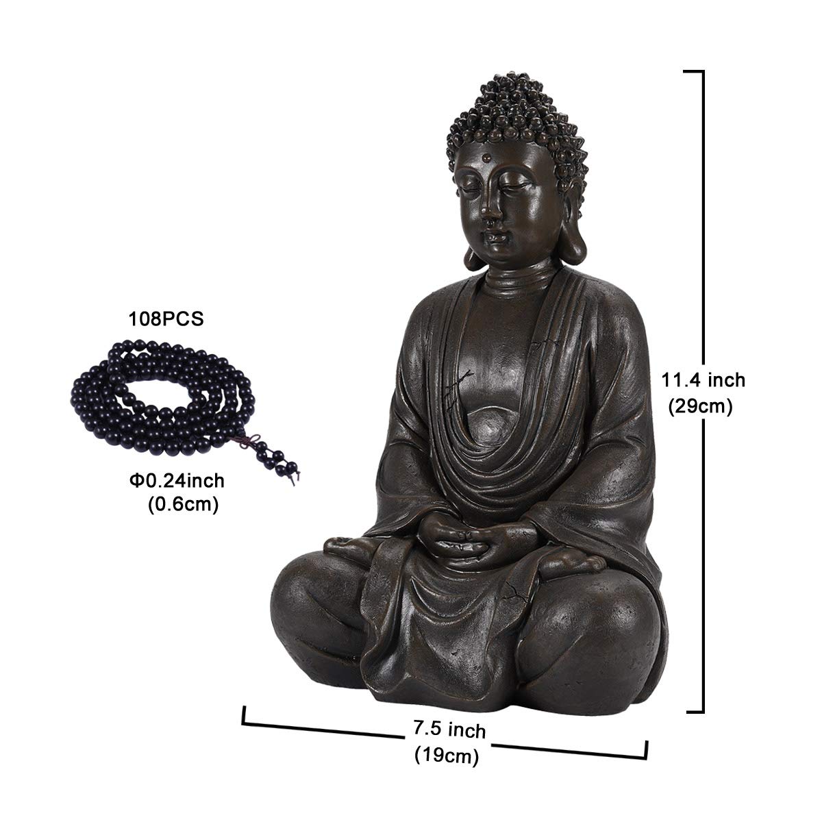 Goodeco Meditating Buddha Statue Figurine Sculpture - Indoor or Outdoor Zen Decor for Home/Garden with Natural Wood Beaded Necklace,Polyresin,Antique Bronze Look (11.4 inch)