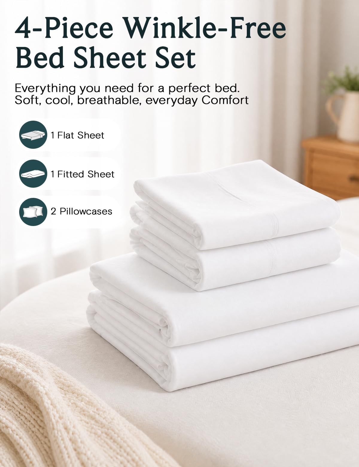LuxClub 4 PC Queen Sheet Set, Bed Sheets Queen Size, Deep Pockets Wrinkle Free Cooling Bed Sheets Machine Washable Hotel Bedding Silky Soft - White Queen