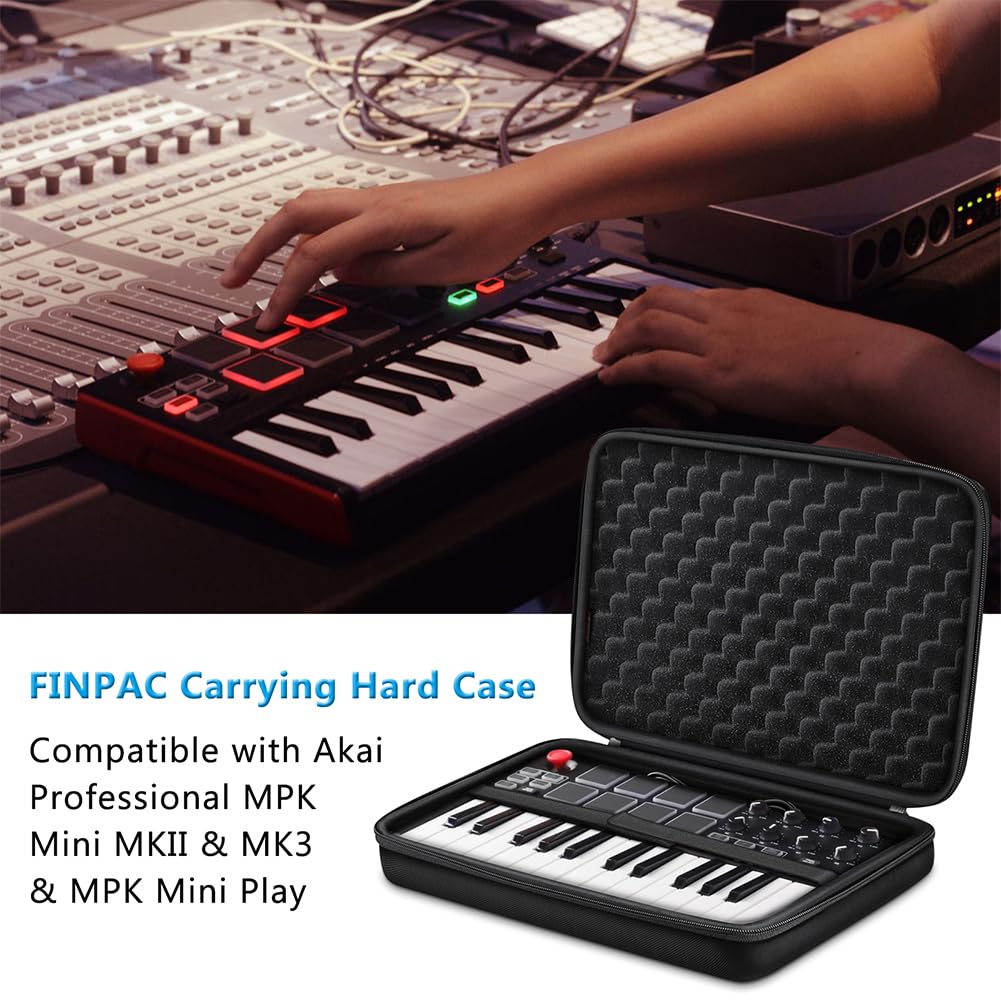 FINPAC Semi-Hard Carrying Case for AKAI Professional MPK Mini MKII & MK3 & MPK Play | Alesis V Mini 25 Key USB MIDI Keyboard Controller Case with Cable Slot for Business, Travel (Black)