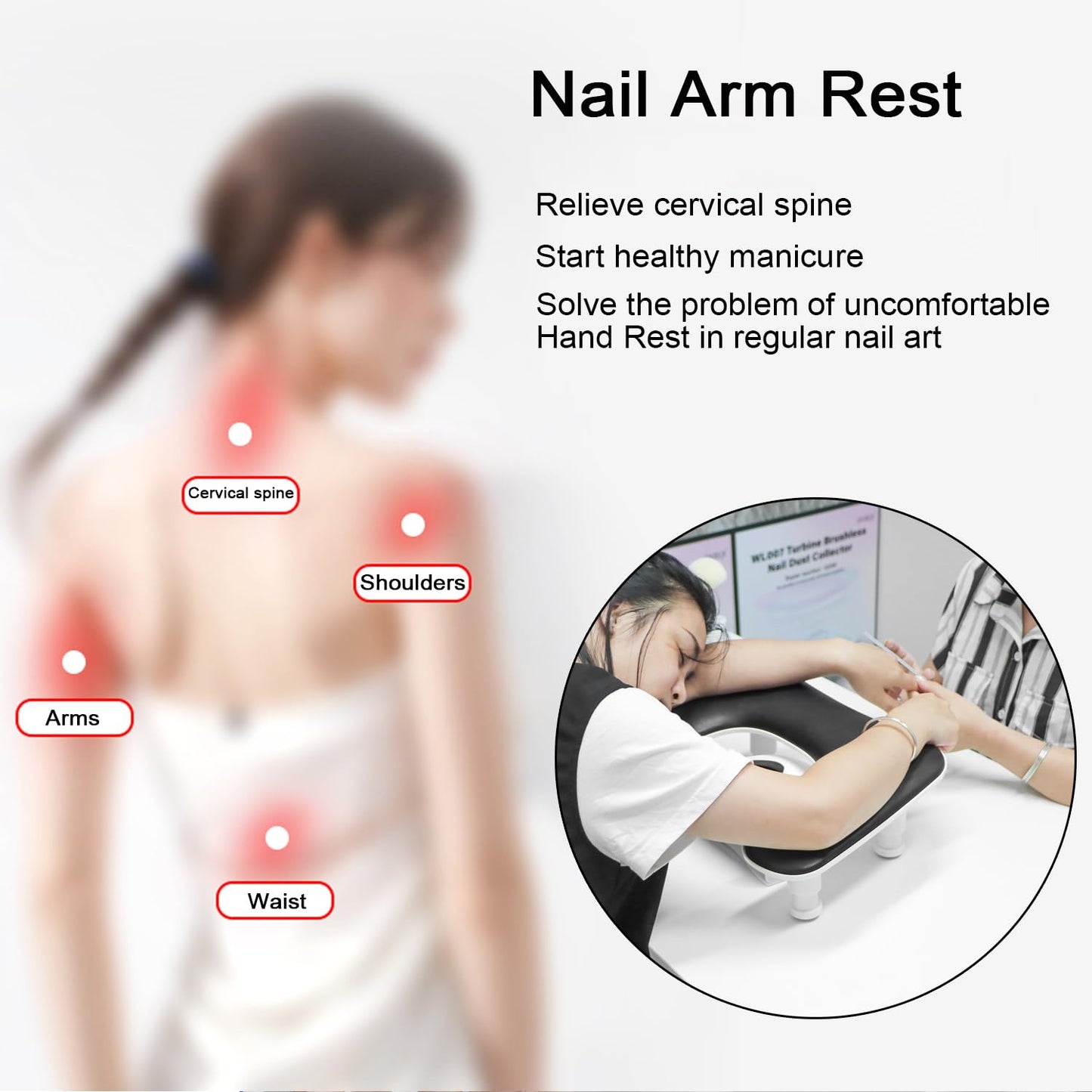 New Upgrade Height Adjustable Nail Arm Rest for Nails Tech - Ergonomic Slope Angle Hand Rest for Nails Tech Height Adjustable U-shaped Manicure Nail Arm Rest Stand White Big Armrest Microfiber PU Leather Hand Rest Pillow for Acrylic Nail Art Cushion (Blac
