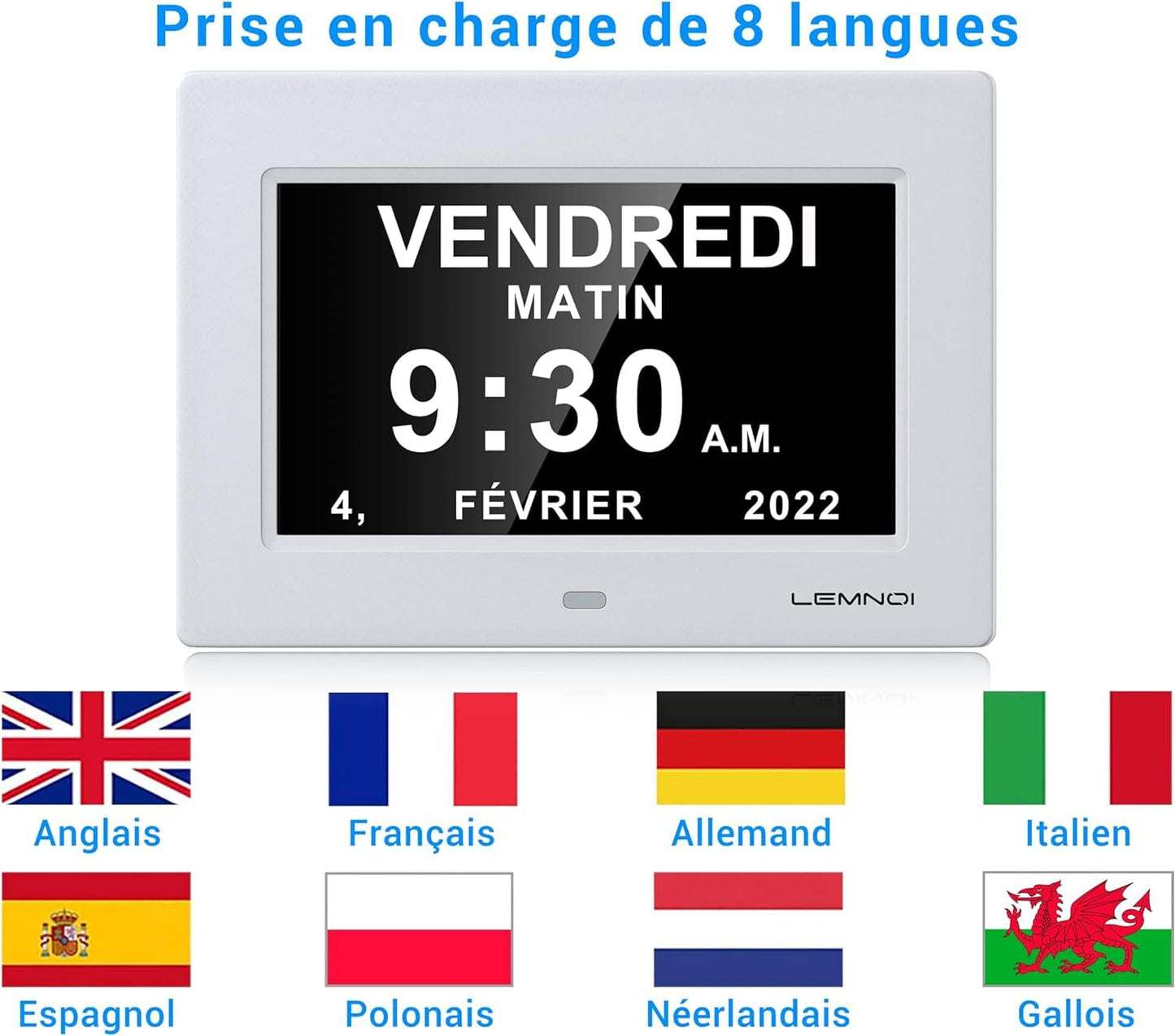 Lemnoi 7'' LCD Digital Day Clock Calendar with Date/Day/Time, 8 Languages Auto-Dimming Digital Clock with 12 Programmable Alarms, Reminders Clock for Alzheimer Elderly & Child (White)