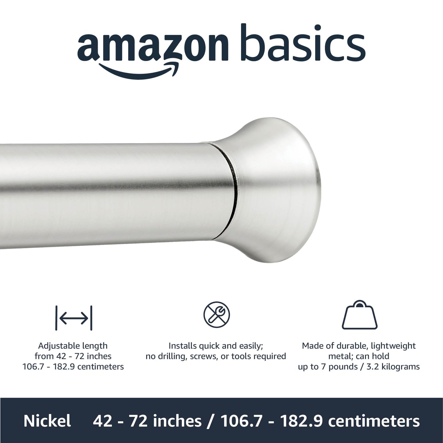 Amazon Basics Easy Install Shower Curtain Tension Rod, Adjustable Length, 106.68-182.88 cm, Nickel