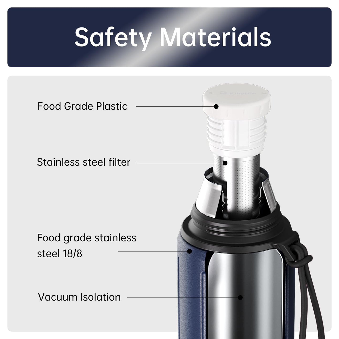 Heater 1L Thermo Water Bottle with Cup(72 hrs Ice Cold & 24 hrs Hot) Flask for hot Water with Removable Base and Filter 18/8 Stainless Steel Coffee Flask for Travel Office and School(Dark Blue)