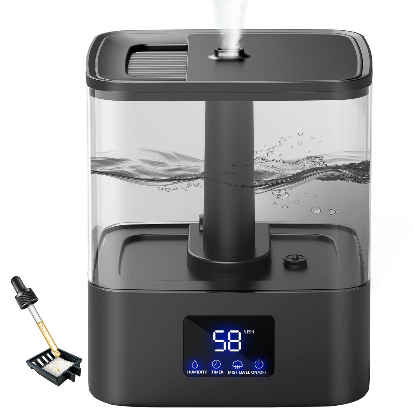 KZF Top Fill Humidifiers for Bedroom & 60H Runtime - Cool Mist Humidifier, 3 Mist Levels, 8H Timer, Essential Oil Tray, Humidity Display, Quiet for Bedroom, Baby, Plants, Large Room (4L)