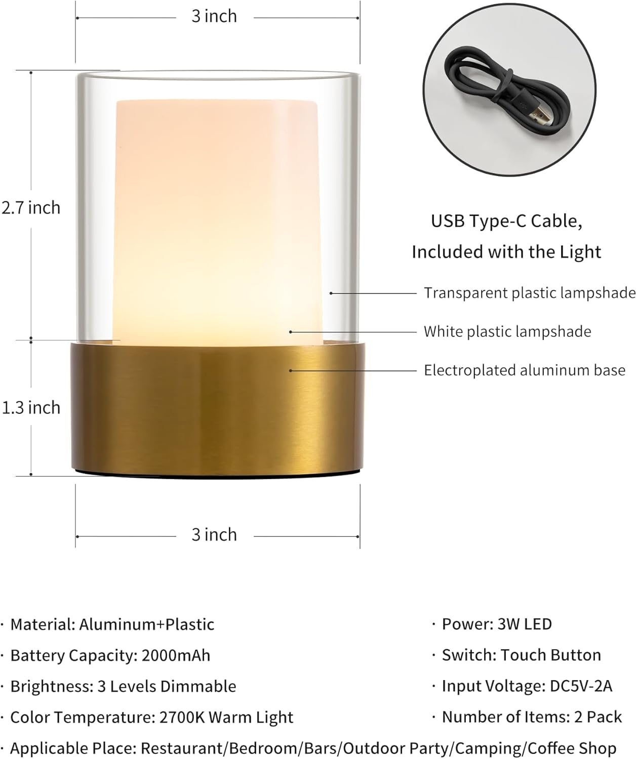 PUSU 4" Rechargeable Cordless Table Lamp | 2 Pack, Bronze - Battery Operated | Touch Control | Adjustable Brightness | LED | Portable | Outdoor & Indoor | Living Room | Bedside | Camping | Bar | Party
