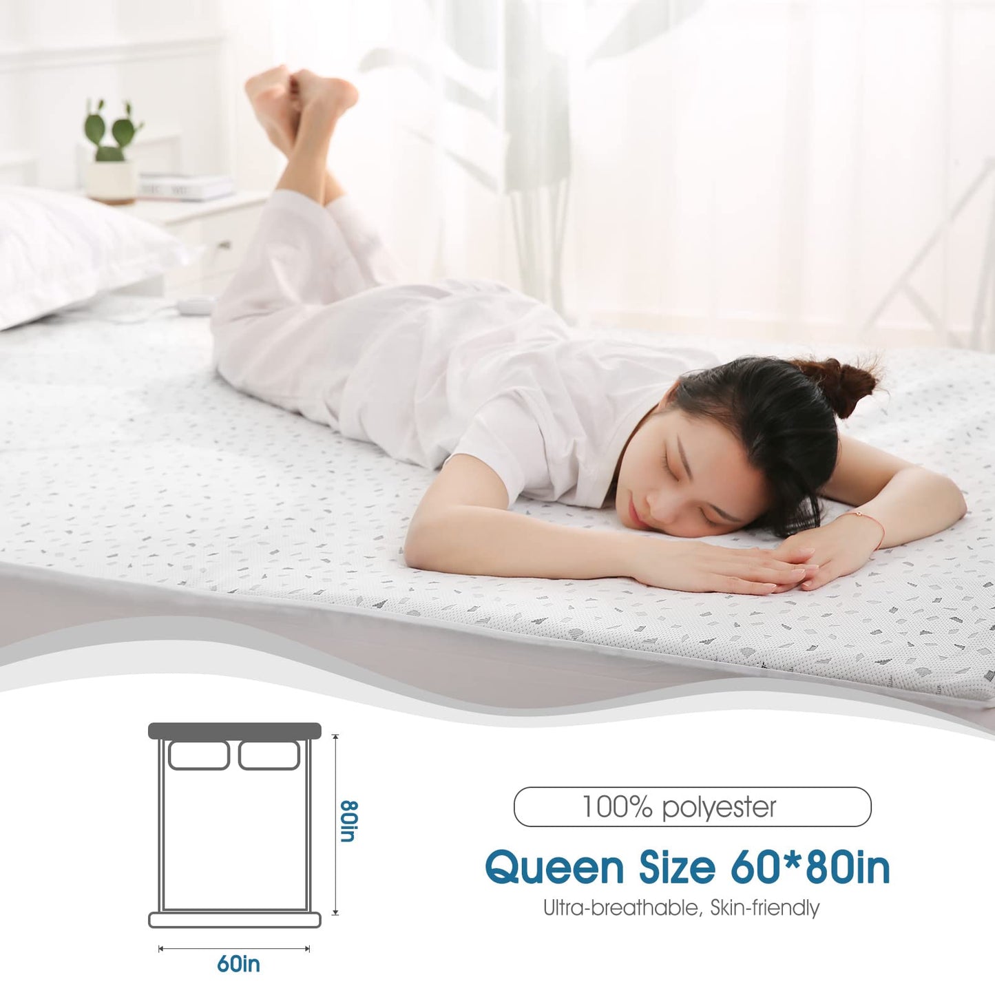Heated Mattress Pad Queen Size 60" x 80", Electric Underblanket Mattress Cover Bed Warmer Fit up to 15" Deep Pocket, Dual Control with 4 Heat Settings, Auto Off & Fast Heating & Machine Washable