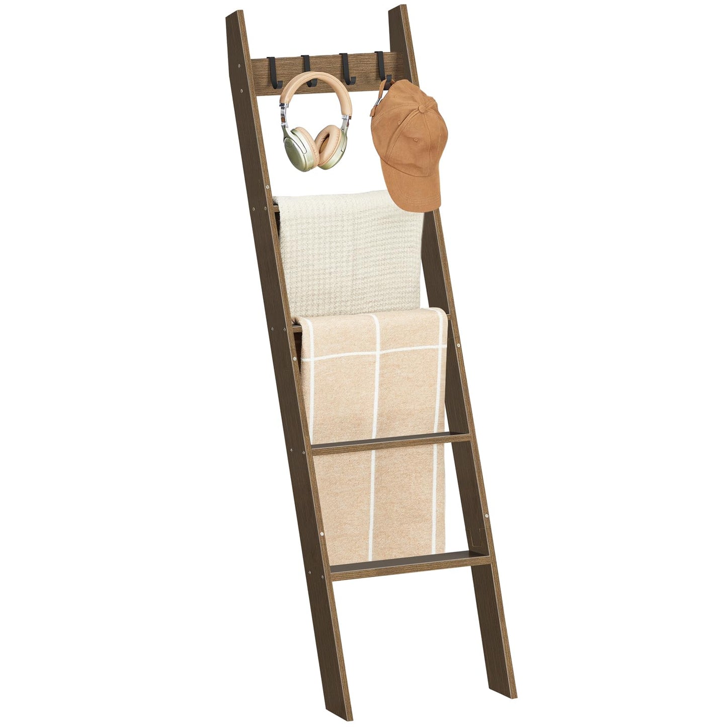 HOOBRO Blanket Ladder, Wall Leaning Blanket Rack, 5 Ft, 5 Tier Farmhouse Ladder Shelf, Towel Rack, Decorative Quilt Rack, Removable Hooks, Living Room, Bedroom, Bathroom, Mocha MA51CJ01G1