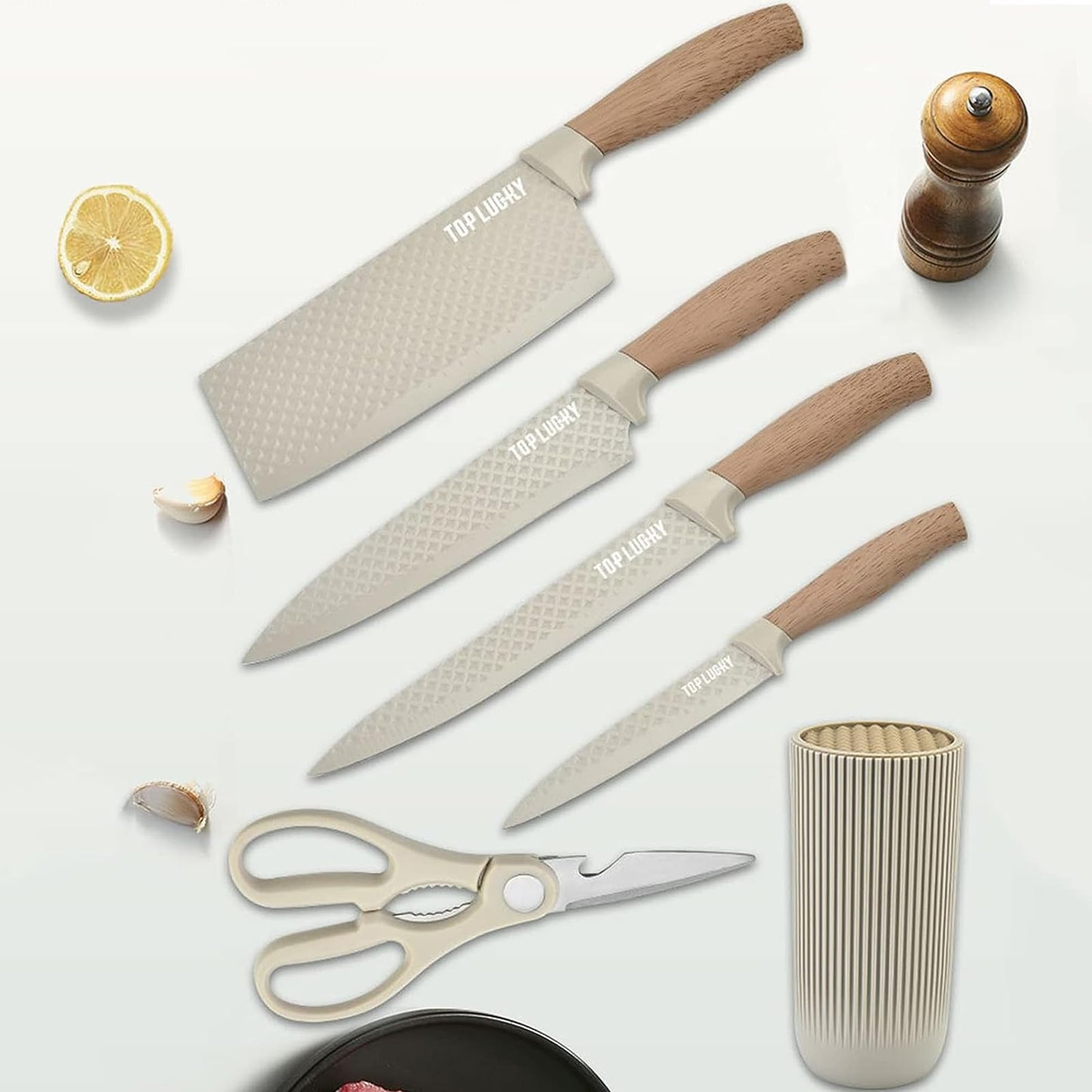 Kitchen Knife Set, 6-Pieces Khaki Sharp Knife Set for Kitchen, Non-Stick Non-Slip Stainless Steel Chef Knife Set with Universal Knife Block Suitable for Home Restaurant (Khaki)