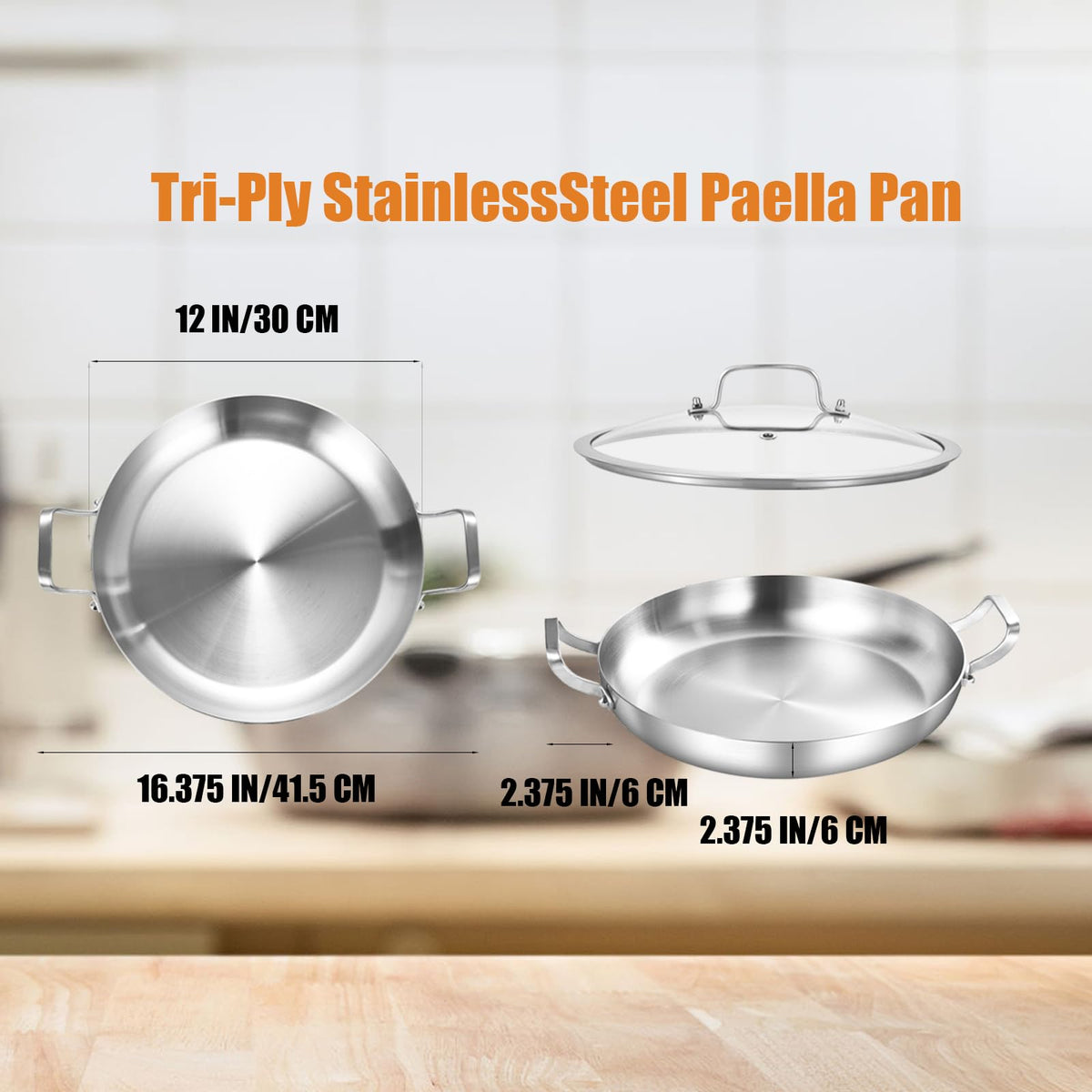 Inqibee 12-Inch Tri-Ply Stainless Steel Paella Pan with Lid, Large Skillet,Saute Pan with Lid,Frying Pan,Induction pan,Dishwasher and Oven Safe.