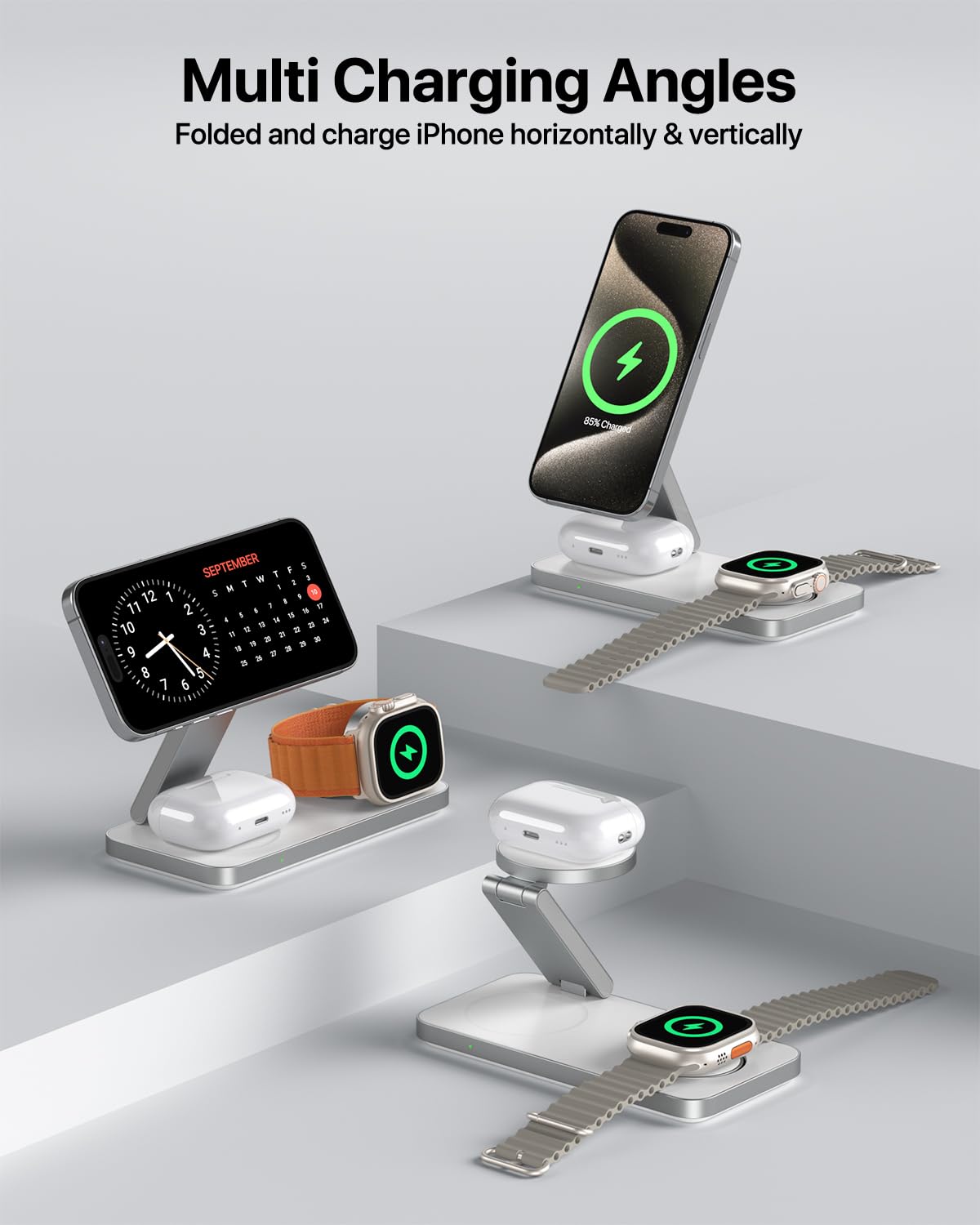 3 in 1 Wireless Charging Station, Magnetic Foldable Fast Mag-Safe Charger Stand Compatible with Apple Devices iPhone Air/17/16/15/14/13/12, Apple Watch Ultra/SE/10/9/8/7/6/5/4, AirPods Pro/3/2 (White)