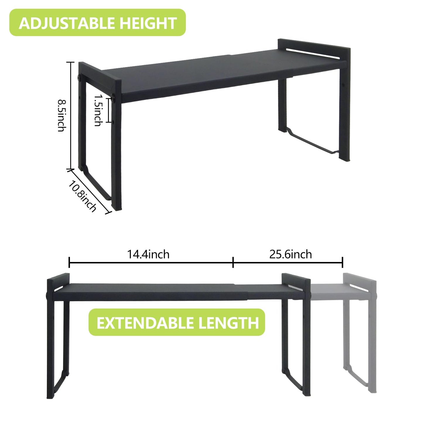 2 Pack Expandable Cabinet Shelf13.8-26"(L), Stackable Kitchen Counter Shelf Organizer, Kitchen Spice Rack Pantry Shelf, Djustable Cupboard Organizer Storage Rack for Kitchen Office (Black,2 pack L)