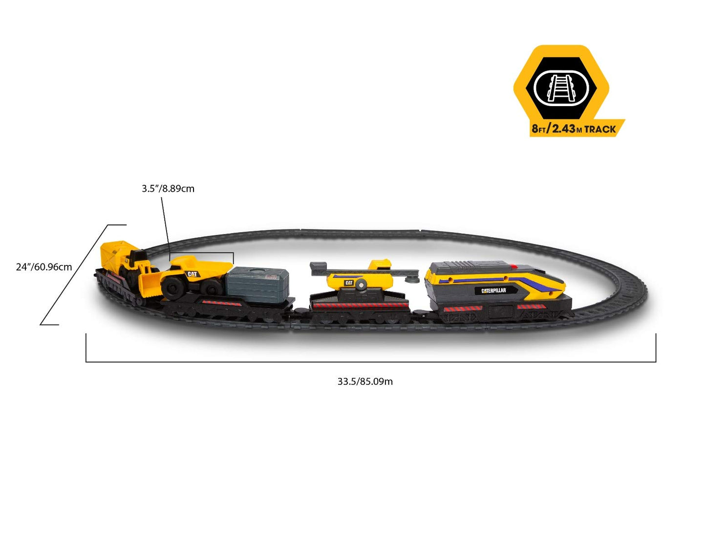 CAT Construction Toys, Little Machines Power Tracks Battery Operated Train Set, Engine with Working Headlight, 3 Rail Cars, Working Crane, 2 Magnetic Cargo Containers, and 2 CAT Trucks for Kids