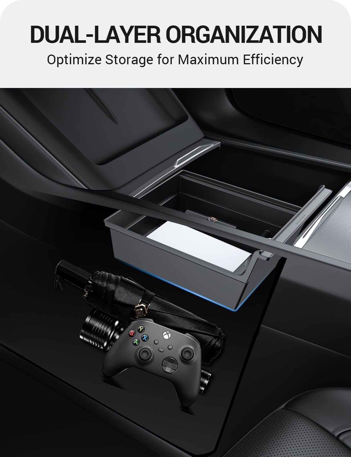 BASENOR 4PCS 2026 Tesla Model Y Model 3 Center Console Organizer Tray [Double Layer Design],Cup Holder Armrest Hidden Storage Box for 2025 2026 Model Y Juniper 2024-2026 Tesla 3 Highland Accessories