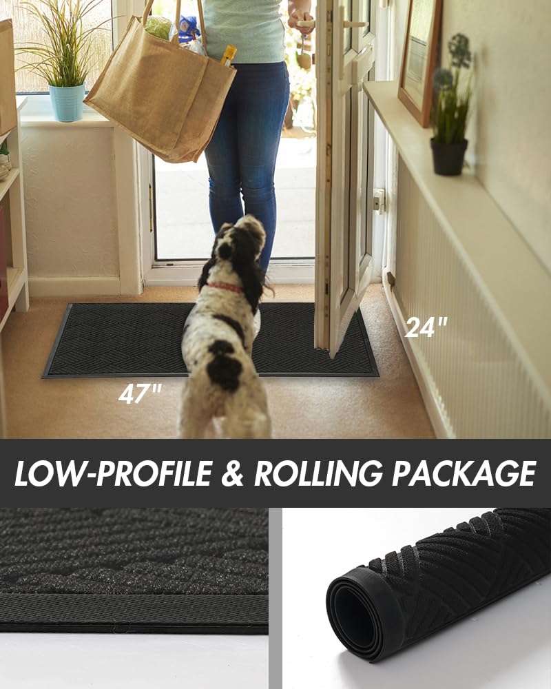 Front Door Mat Outdoor Indoor Welcome Mat Non Slip Rubber Doormat Absorbent Entryway Rug Entrance Mat Entry Rug Dirt Scraping Shoe Mat Black 60X120cm